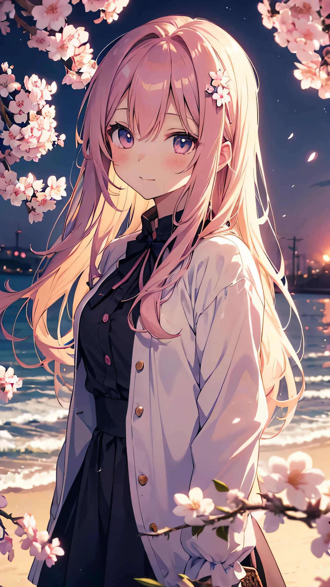 Create a spring-like wallpaper。beautiful girl anime。up。Soft light is shining in。cherry blossoms。profile。Delicate dresses。Pink flowers in the hair, anime style 4k, anime wallpaper 4k, anime wallpaper 4k, anime art wallpaper 4k, anime art wallpaper 4k, 4k anime wallpaper, anime art wallpaper 8k, beautiful anime portrait, cute anime girl portraits, extremely cute anime girl face, cute anime girl, cute anime girl portrait