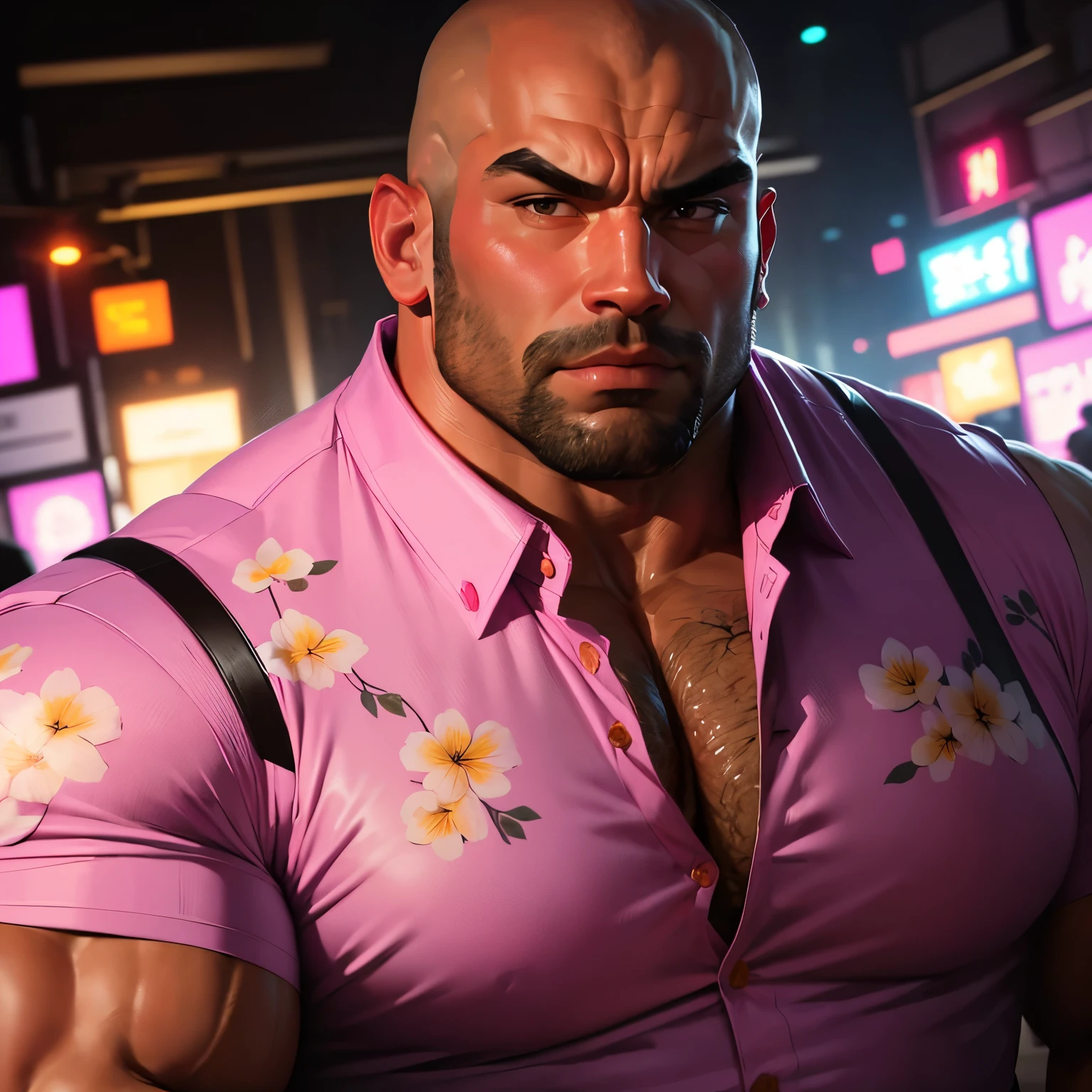 an exaggeratedly muscular and large bald bodyguard, beefy build, mixed race, (wearing Hawaiian shirt: 1.2), (bara pecs: 1.3), (arm and chest hair: 1.1), close-up portrait HD, night club with pink lights