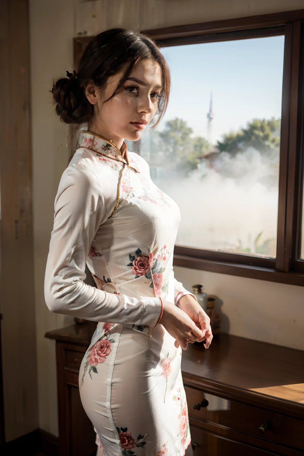 ((best quality)), ((masterpiece)), (detailed), perfect face，girl wearing long sleeve cheongsam，In the old house，Under the scorching sun，Mist light，The main color of strong reflections，movie shot，3D