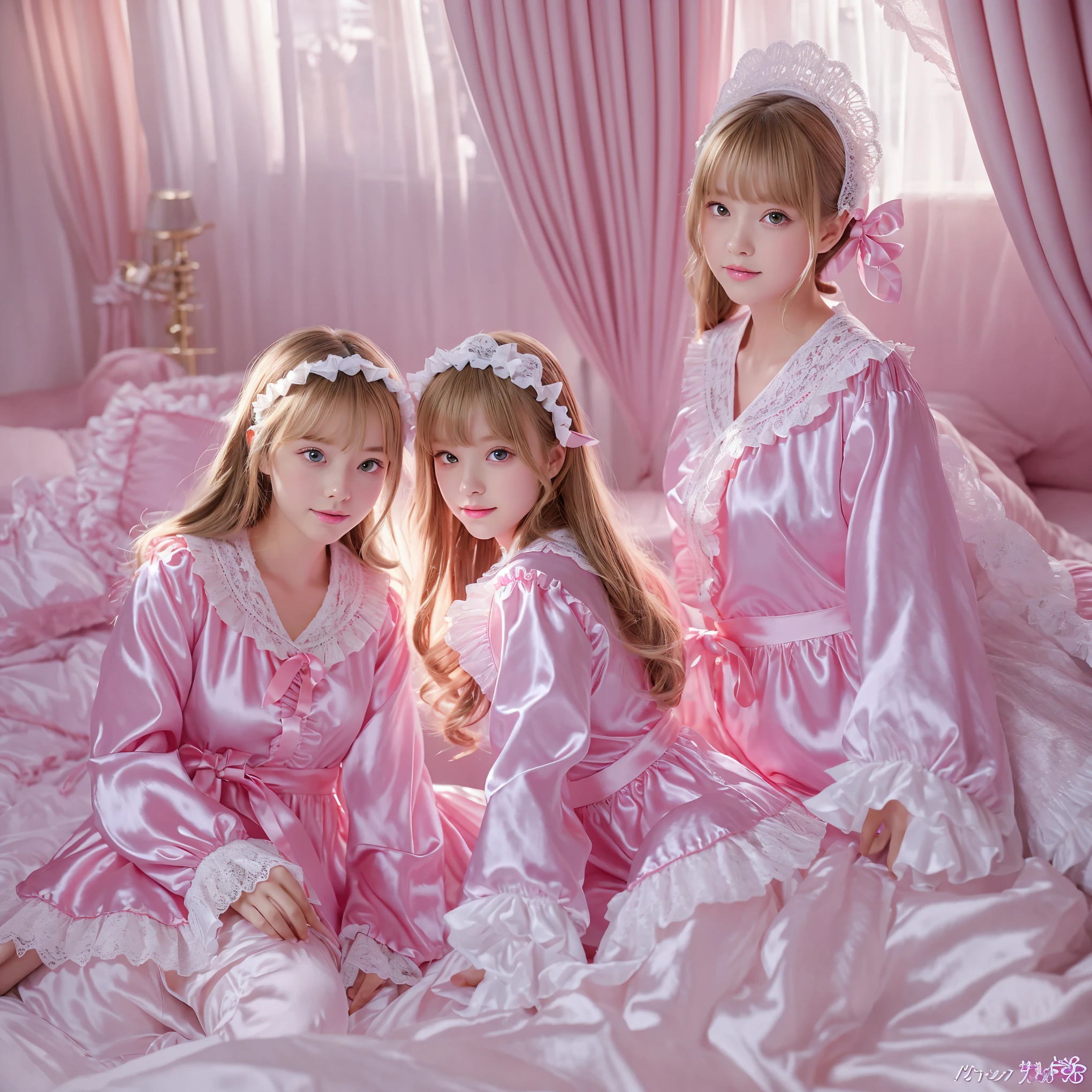 ,highest quality, masterpiece, highest resolution, artwork, super それにget used to it, many get used to it, get used to it, それにget used to it, 3K realistic photos,,(( girls)),Super detailed baby face,the girlncess,detailed luxury tiara,ruffle yoke collar,Detailed braided ribbon at chest,puff sleeves,long sleeve,((ロリータスタイルのホットピンクのロングスカートのワンピースのpajamas、Comes with lots of frills and ribbons。)),crazy'colorful fashion,光沢のあるシルクサテンのpajamas,1920s style nightgowns,headdress with frills and ribbons,soft and smooth silk satin fabric,luxury,Very long blonde hair,blue eyes,white skin european,pajamas,fine white frills and lace,Super long hair that is as tall as your body,white long socks,drawers with lots of frills,castle bedroom at night,Super long flowing hair,Above the luxurious king size bed with a huge canopy,Pink pillow with lots of frills,Silk satin pink curtains with luxurious ruffles and ribbons surround the bed,girls sitting on the bed,There are many pillows piled up on the bed,(((Both legs are completely hidden inside the skirt))),((((round futon)))),((((A large ruffled futon that covers the entire bed)))),detailed comforter,Detailed bed sheets,ruffled bed skirt,Deep bed,background with depth,pajamasパーティー,happy girls,