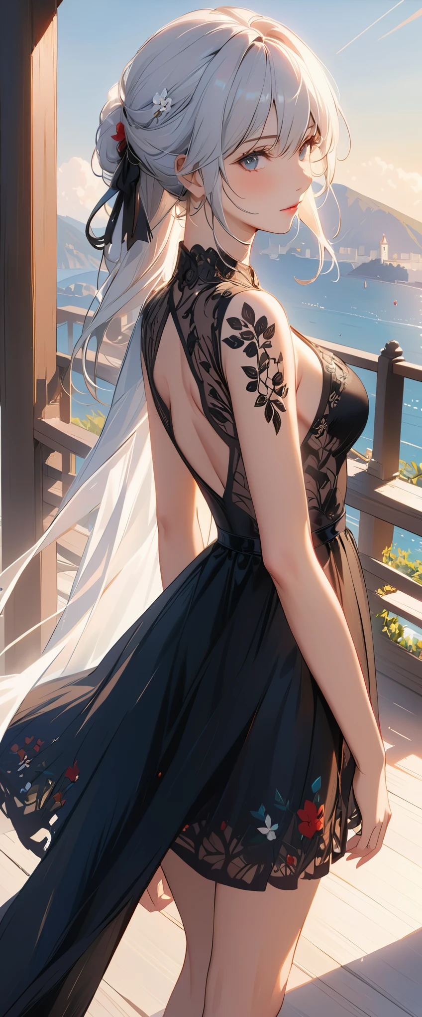 masterpiece, top quality, Super details, 8K, detail light, Detailed shadows, raw, (Delicate skin), (real: 1.2),, 1 girl, white hair, black evening dress