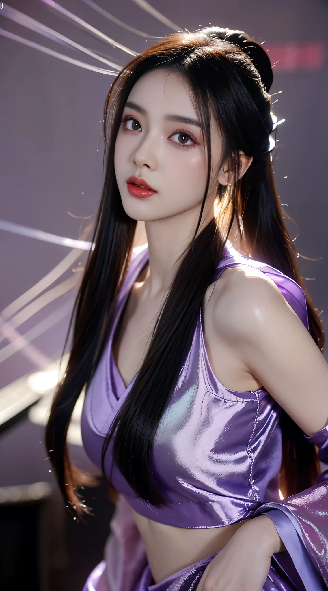 1 Beauty in Hanfu, Thin purple silk shirt,White,Variety of textures, White蕾丝上衣, Platinum purple long ponytail, hair accessories, earring, light purple rabbit ears, Necklaces and Necklaces, Carefully drawn big purple eyes, Detailed makeup, thin eyebrows, high nose, cute red lips, no smile, purse lips, red face, broad chest, big breasts , Well-proportioned breasts, slim waist, Purple fishnet stockings, Chinese Hanfu style, fictional art texture, The colors are vivid and true to life, original photo, Realistic photos, Ultra-high quality 8k hyper-realistic photos, (Effective fantasy lighting effects: 1.8), 10x pixels, magic effect (background): 1.8), super detailed eyes, Girl body portrait, solo girl, 古代汉服background,