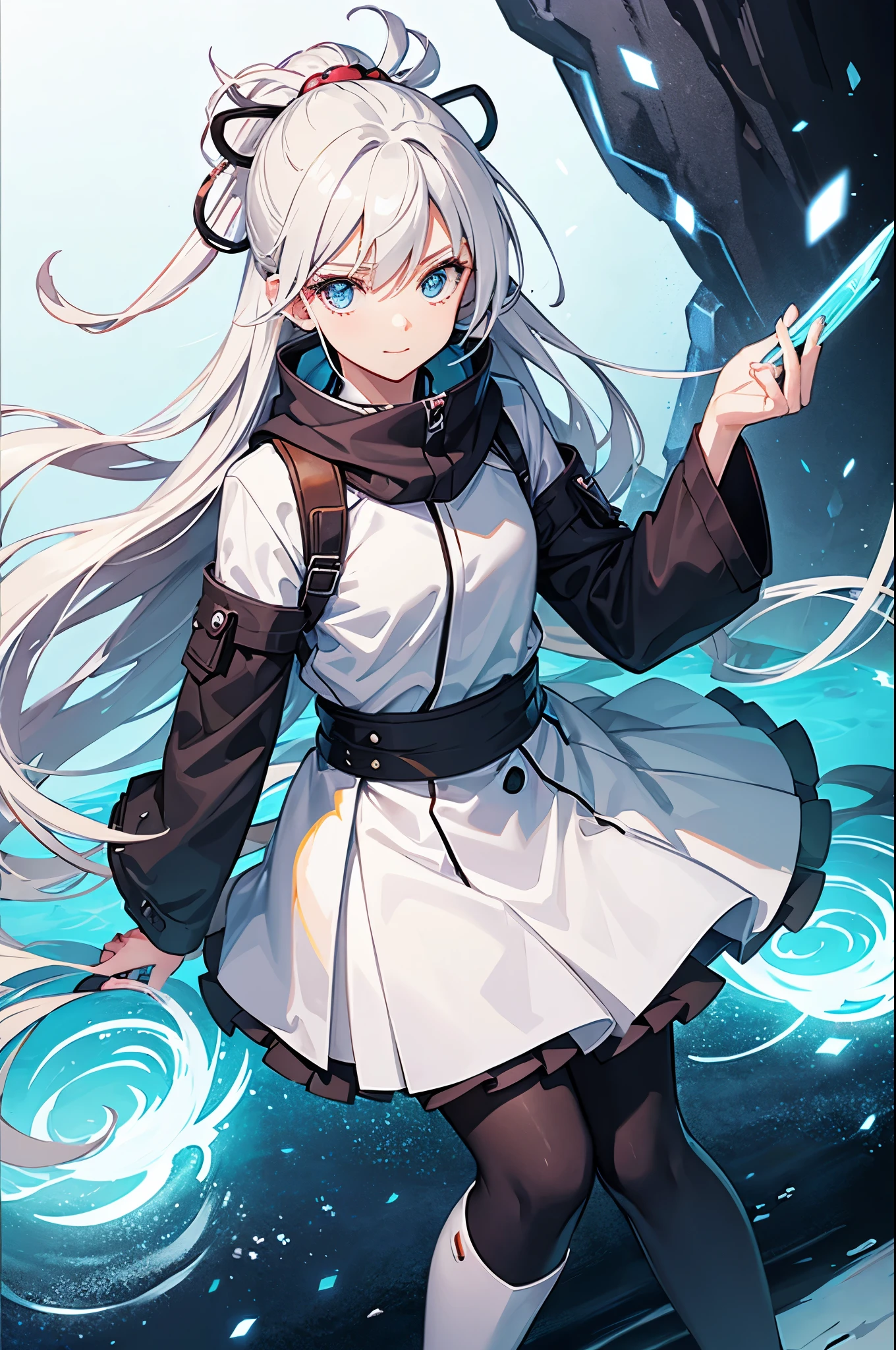 With grey hair with a blue strand and light blue eyes,,A melancholy expression that stirs affection,side face,floating hair,light particles,glare,vivid,fancy,dreamlike,a dim atomshpere,smile, ((girl)) ((Masashi Kishimoto Style)) ((Naruto)) ((14 years old))