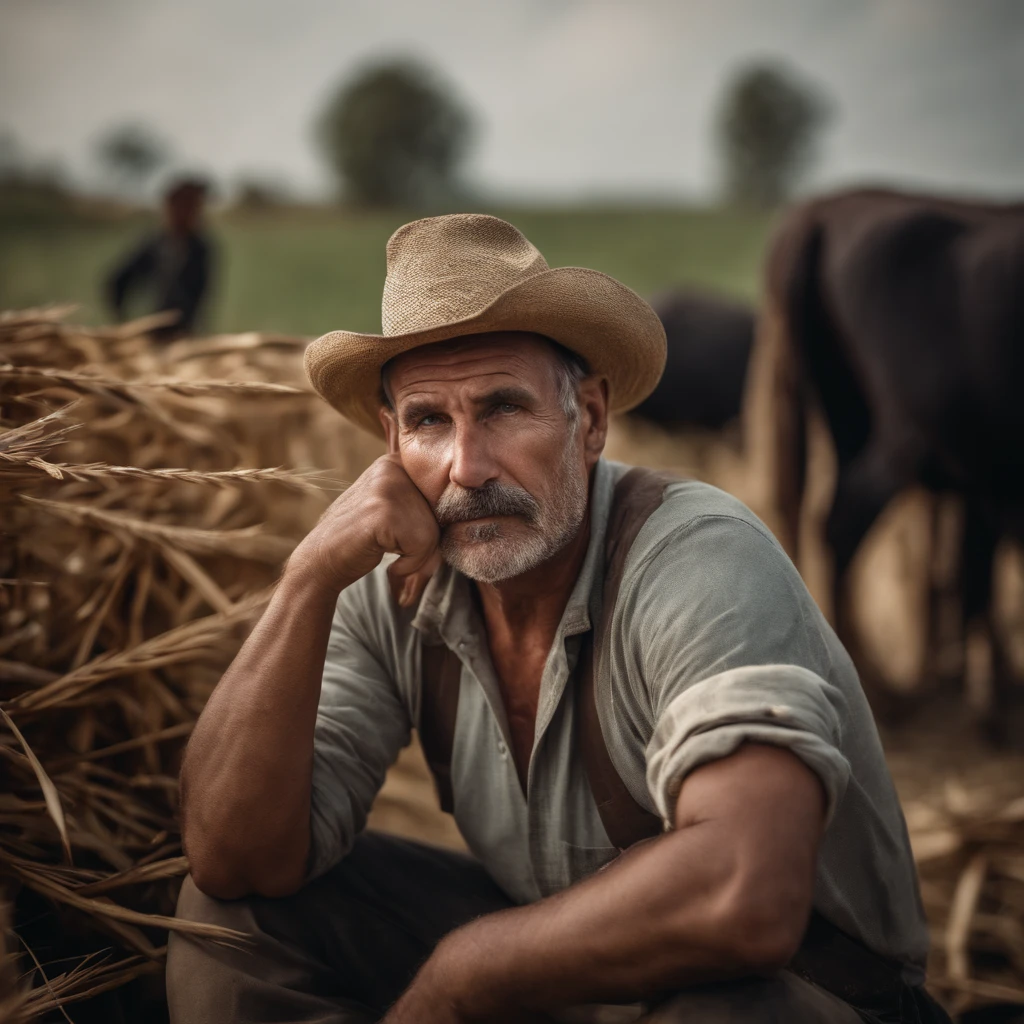 Farmers are sitting stressed out with problems they face in their farms.,Highest image quality,Detail of the face,Clear pores