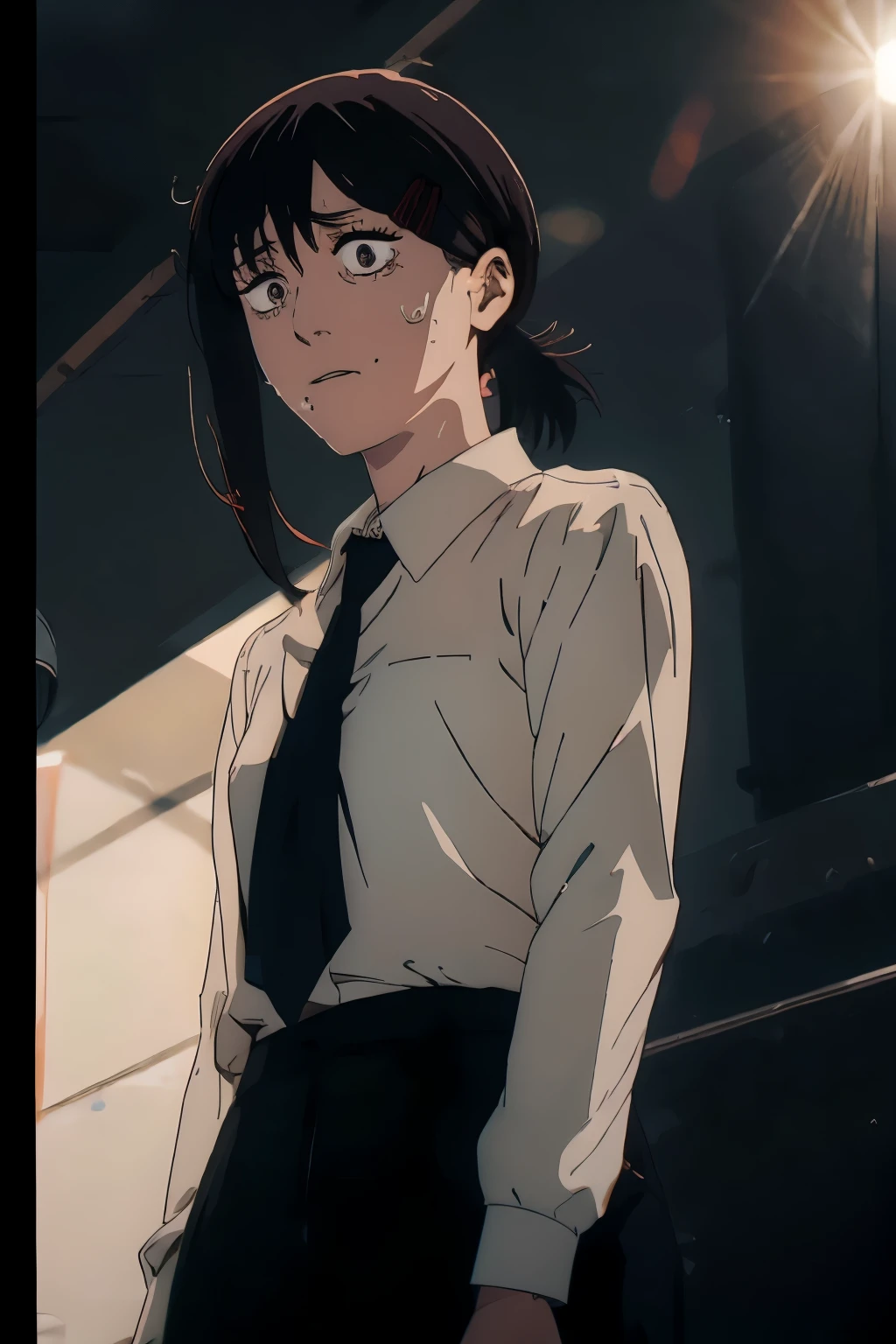 kobeni from chainsawman, black vivid eyes, with her iconic two red hair clips, sweating, wearing white long sleeve, black tie, black dark business pants, standing, podium, giving a speech on stage, outdoors, panicking, daytime, busy day, sunny, lens flare, light rays, crowd gathered in front of her