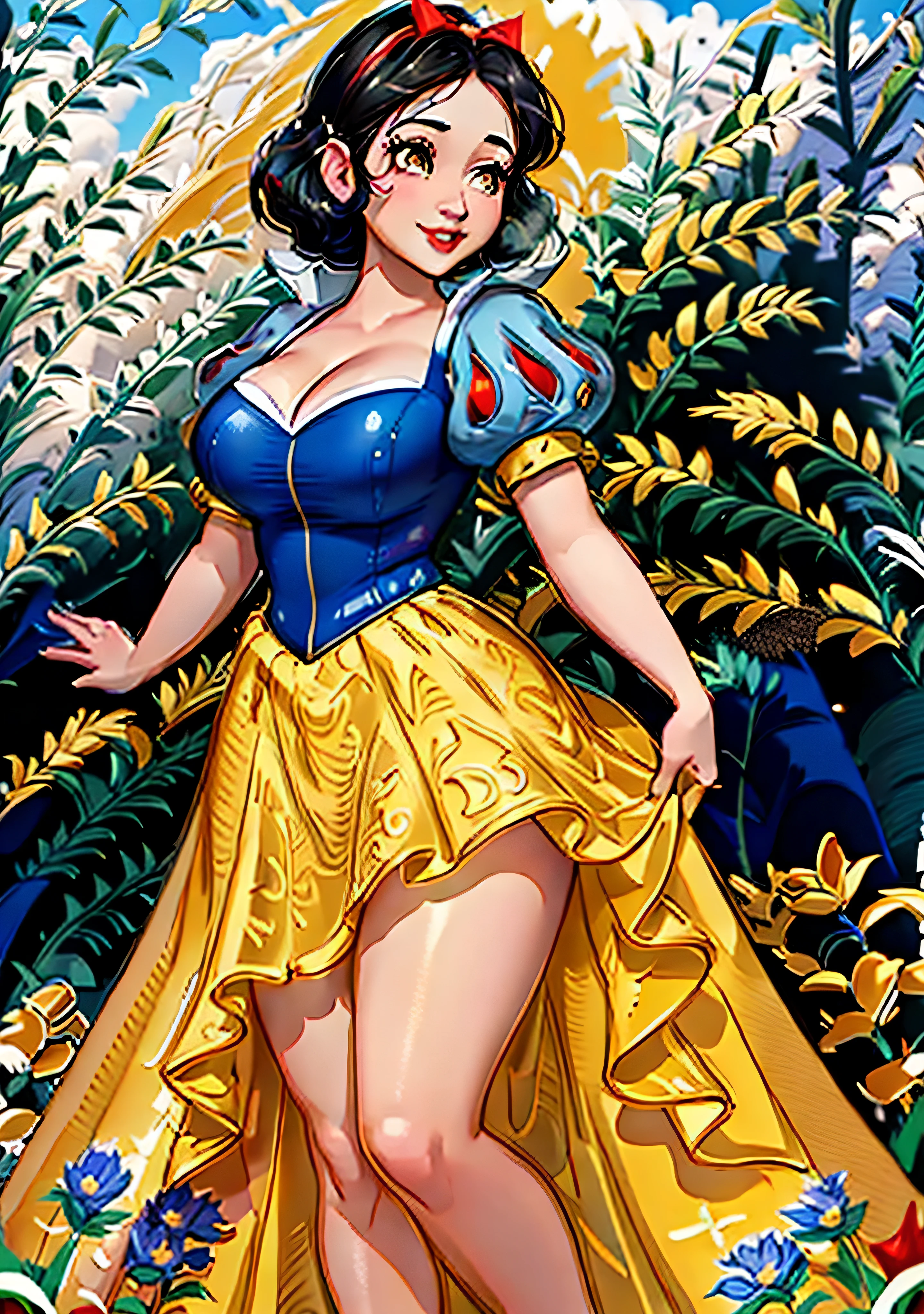 SnowPrincessw, 1girl, smiling, sexy, looking at viewer, puffy short hair, black hair, blue dress, yellow eyes, puffy sleeves, yellow skirt, red ribbon atop head, seen from below, sexy pose, big breasts, cleavage, curvy, big eyes, cute, thick thighs, low cut top, realistic, realism, masterpiece, best quality, ultra detailed, 8k, 4k, intricate, full body shot, cowboy shot, 85mm, light particles, lighting, castle, field, grass, mountains, flowers, sky, clouds, dynamic angle, dynamic pose, line of action, wide shot, daylight, solo