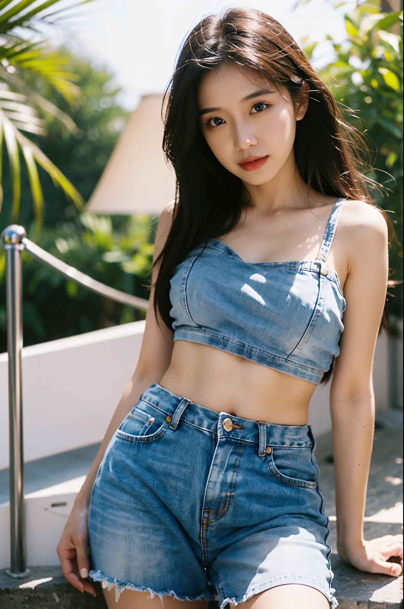 best quality, masterpiece, ultra high resolution, (realistic: 1.4), original photo, official art, wallpaper, Bust Photo, skin, simple background, black eye, Details, finger, 1 girl,,white shirt,Belly Navel,rough jean shorts,breeze,sunlight,water mist,studio lighting,