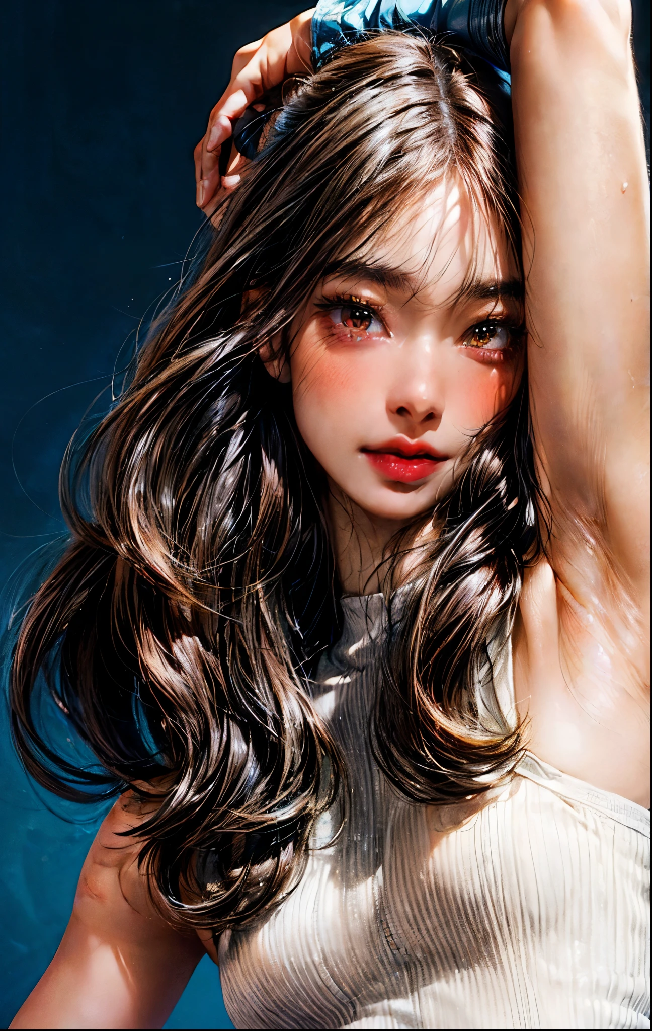 PM, Light brown eyes, (Japanese girl),1girl in, 27yr old, Innocence, (Photorealsitic),(best quality:1.4), (超A high resolution:1.2), 超A high resolution, (A detailed eye), (detailed facial features), nfsw, 8k resolution, (lensflare:0.7),(small breasts:1.4),(bushy eyebrows),straight eyebrows,low eyebrows,(thick lips:1.3),(glossy lips:1.3),(lipstick,blue lips:1.2),(blush),black hair,(brown eyes), wide forhead,(armpit hair:1.3),