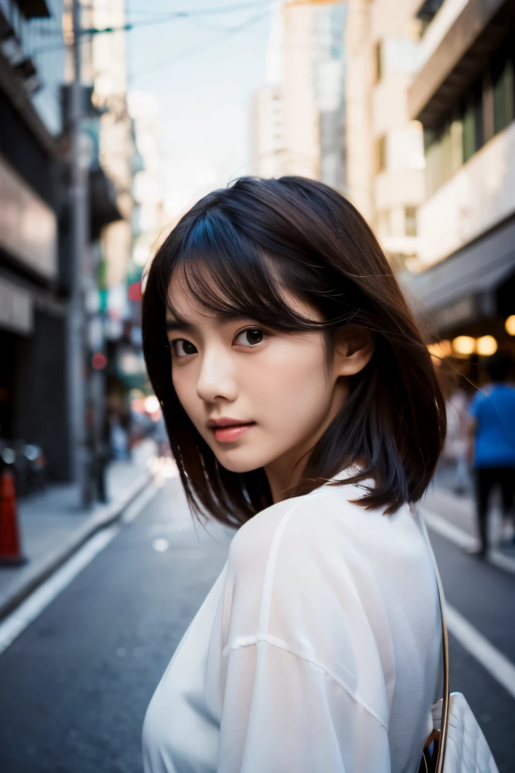 Beautiful Japanese supermodel woman, A lock of hair with slight highlights, black eyes, Sexy,street background,Gorgeous kimono , Liquid color flows across her face, Shooting against the light,Perfect facial lighting,mixed media