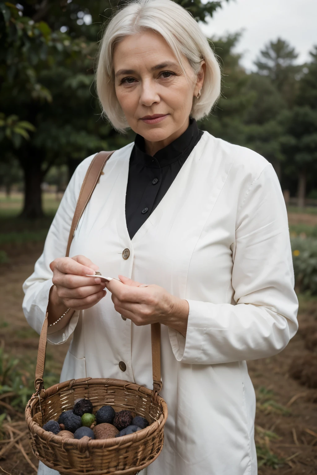 elderly woman in her 70s with white hair, en un campo de cafe, cultivando y recogiendo los granos de cafe en el campo 