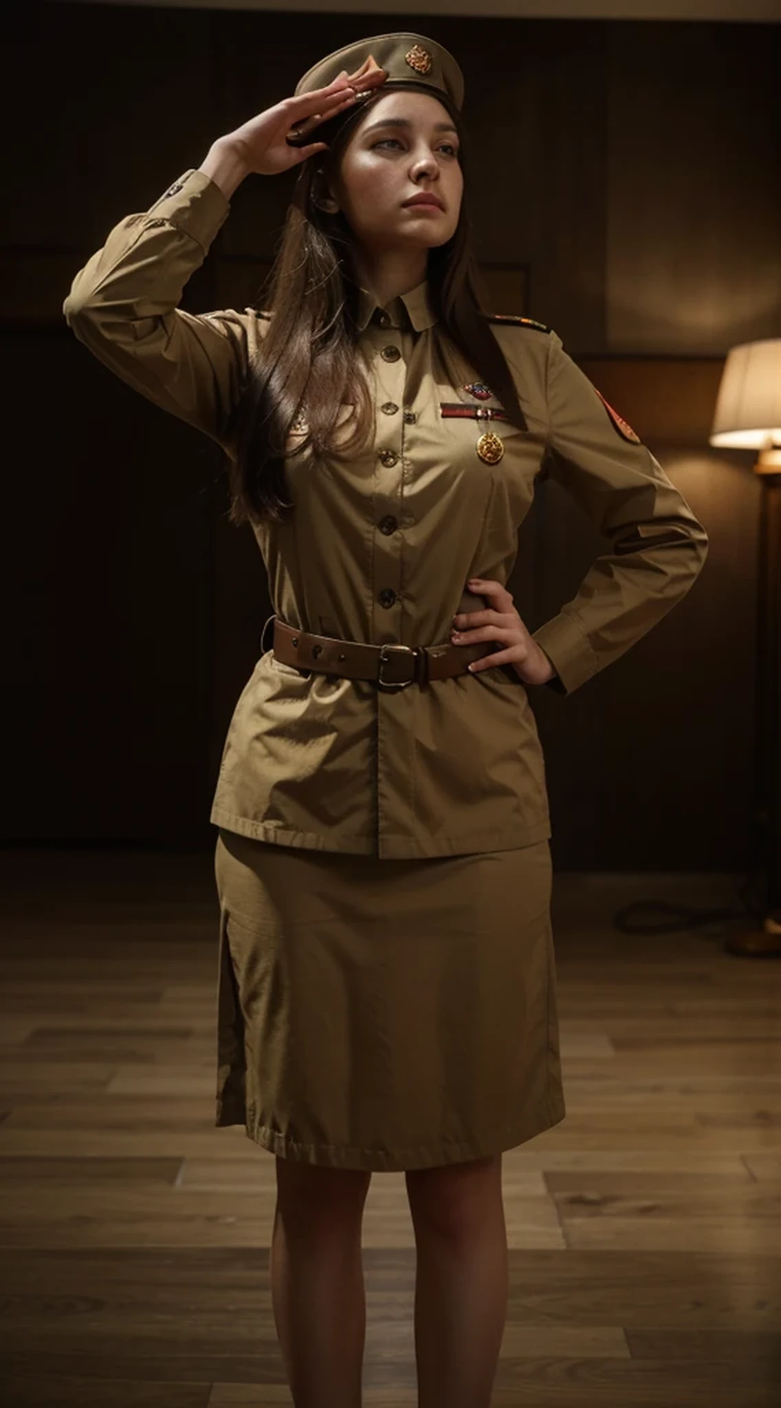 beautiful female soldier doing military salute, beautiful stereotypical Russian face, long brown hair, Soviet style military cap, pale skin, Soviet style military uniform Light brown fabric with red details, simple military skirt, she is in room with dim light, ultra advanced room like many computer screens on the wall with hakeo sign, red screens, Russian letters, many cables, 4k, ultra detailed image, Realistic, highly detailed, perfect composition, gorgeous, Intricately detailed, incredibly detailed, 8 k artistic photography, hyper detailed, masterpiece, ultra detailed, hyper Realistic, 4k, ultra detailed image, Realistic, very detailed, perfect composition, gorgeous, Intricately detailed, incredibly detailed, 8 k artistic photography, hyper detailed, masterpiece