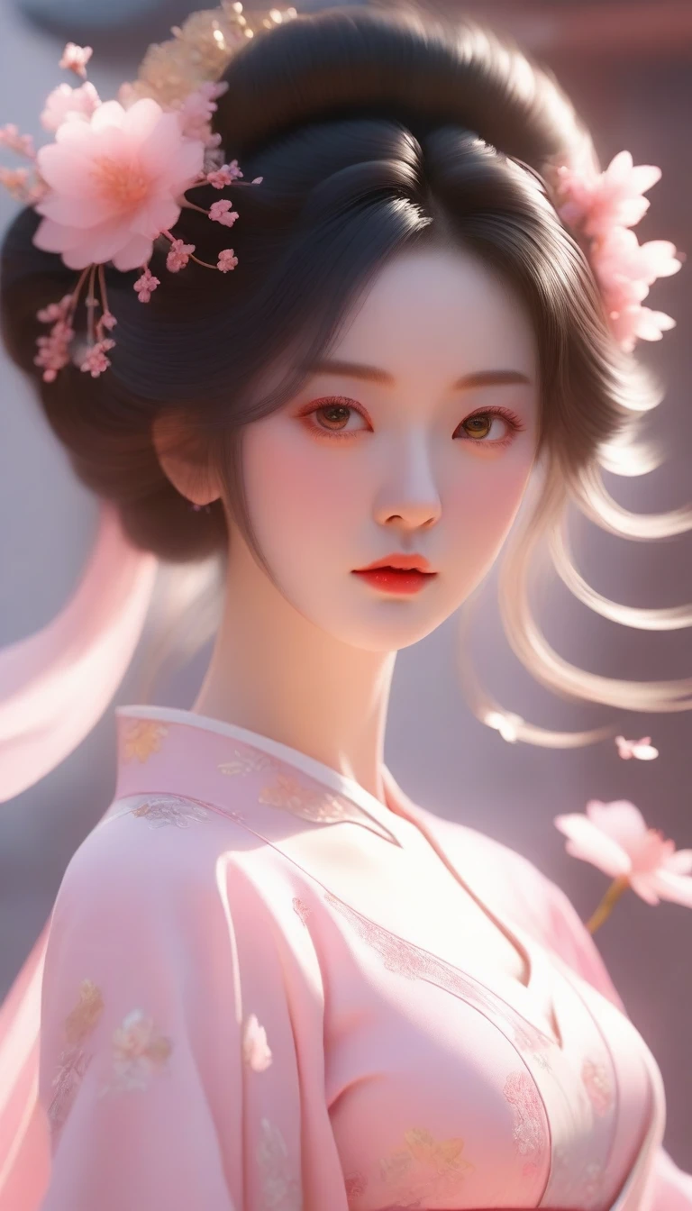 a close up of a woman in a pink dress with a flower in her hair, palace ， a girl in hanfu, beautiful character painting, artwork in the style of guweiz, guweiz, beautiful render of tang dynasty, trending on cgstation, 8k high quality detailed art, a beautiful fantasy empress, realistic. cheng yi, white hanfu