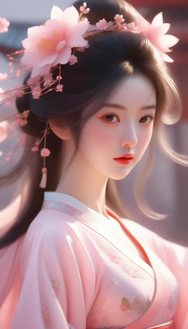 a close up of a woman in a pink dress with a flower in her hair, palace ， a girl in hanfu, beautiful character painting, artwork in the style of guweiz, guweiz, beautiful render of tang dynasty, trending on cgstation, 8k high quality detailed art, a beautiful fantasy empress, realistic. cheng yi, white hanfu