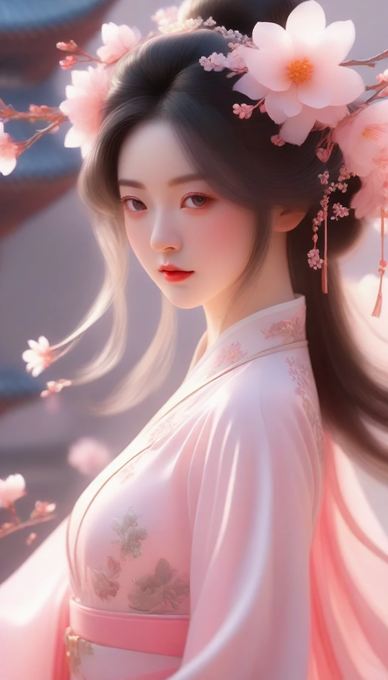 a close up of a woman in a pink dress with a flower in her hair, palace ， a girl in hanfu, beautiful character painting, artwork in the style of guweiz, guweiz, beautiful render of tang dynasty, trending on cgstation, 8k high quality detailed art, a beautiful fantasy empress, realistic. cheng yi, white hanfu