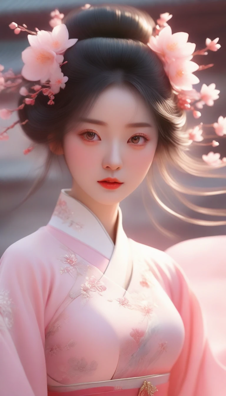 a close up of a woman in a pink dress with a flower in her hair, palace ， a girl in hanfu, beautiful character painting, artwork in the style of guweiz, guweiz, beautiful render of tang dynasty, trending on cgstation, 8k high quality detailed art, a beautiful fantasy empress, realistic. cheng yi, white hanfu