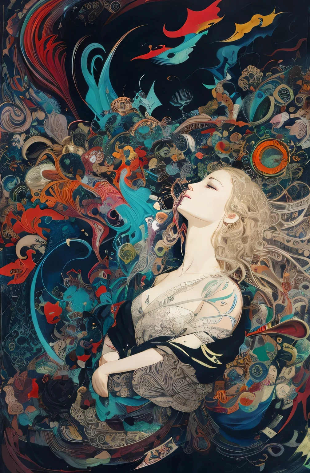 official art, unity 8k wallpaper, ultra detailed, beautiful and aesthetic, masterpiece, best quality, (zentangle, mandala, tangle, entangle), (fractal art:1.3) , 1girl, badass car in the background, extremely detailed, dynamic angle, cowboyshot, the most beautiful form of chaos, elegant, a brutalist designed, vivid colours, romanticism, by james jean, roby dwi antono, ross tran, francis bacon, michal mraz, adrian ghenie, petra cortright, gerhard richter, takato yamamoto, ashley wood, atmospheric, ??????? of musical notes, streaming musical notes visible