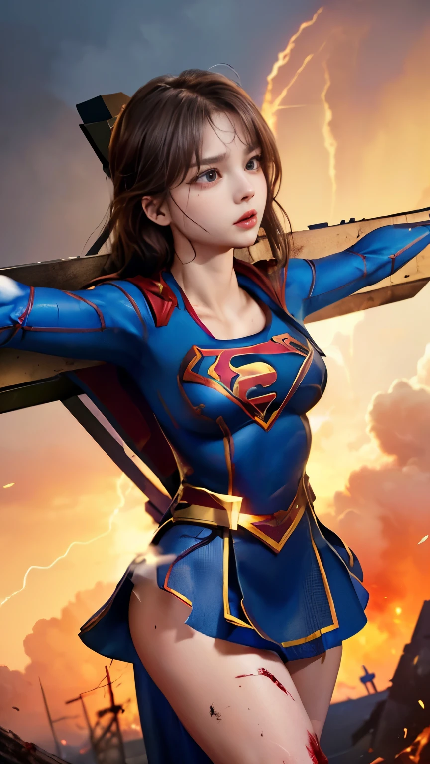 highest quality,masterpiece,UHD, Super detailed, 8K,(Beautiful woman),(一人のBeautiful woman),((crucifixion:1.5)),(((cross))),(execution),((incontinence)),scared,torture,slave,((crossにcrucifixionにされた女性:1.5)),crucifixion刑,((supergirl:1.5)),blue suit,Superman logo on chest,red skirt,red boots,((torn costume:1.5)),((Tearing of clothes:1.5)),(tattered clothes:1.5),Beaten face,顔にtraces of being beaten,((bruises on body)),scars on body,injured face and body,(Bruise, dirty, torn clothes, revealing clothes, Blood:1.3),traces of being beaten,Defeated heroine,a devastated world,ruins,abandoned building,(burning at the stake),((roasted over fire:1.2)),inflammation,(inflammationに包まれている),足下にinflammation,NSFW