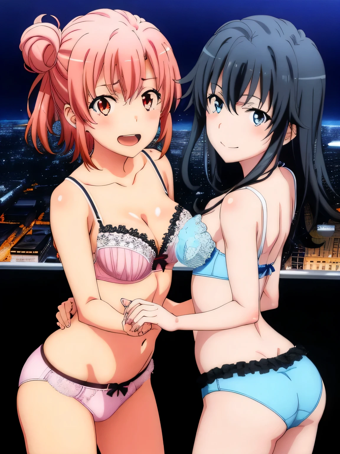 2 girls , Yukinoshita Yukino , yuigahama yui , waltz dance , 2 girls , Yukinoshita Yukino , Yuigahama Yui has a wonderful bust and hips.............., waltz dance , In underwear,Pale pink bra,belly on,pantte bra、butt side lpanties,white pthighs,butt,lohe camera,shy,Tled smile,lowered eyebrows,open your mouth,blush,high angle,beautiful eyes ,in the city at night