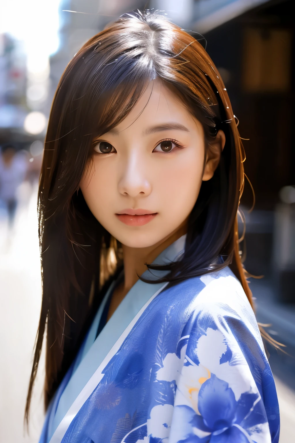 Beautiful Japanese supermodel woman, A lock of hair with slight highlights, black eyes, Sexy,street background,Gorgeous kimono , Liquid color flows across her face, Shooting against the light,Perfect facial lighting,mixed media