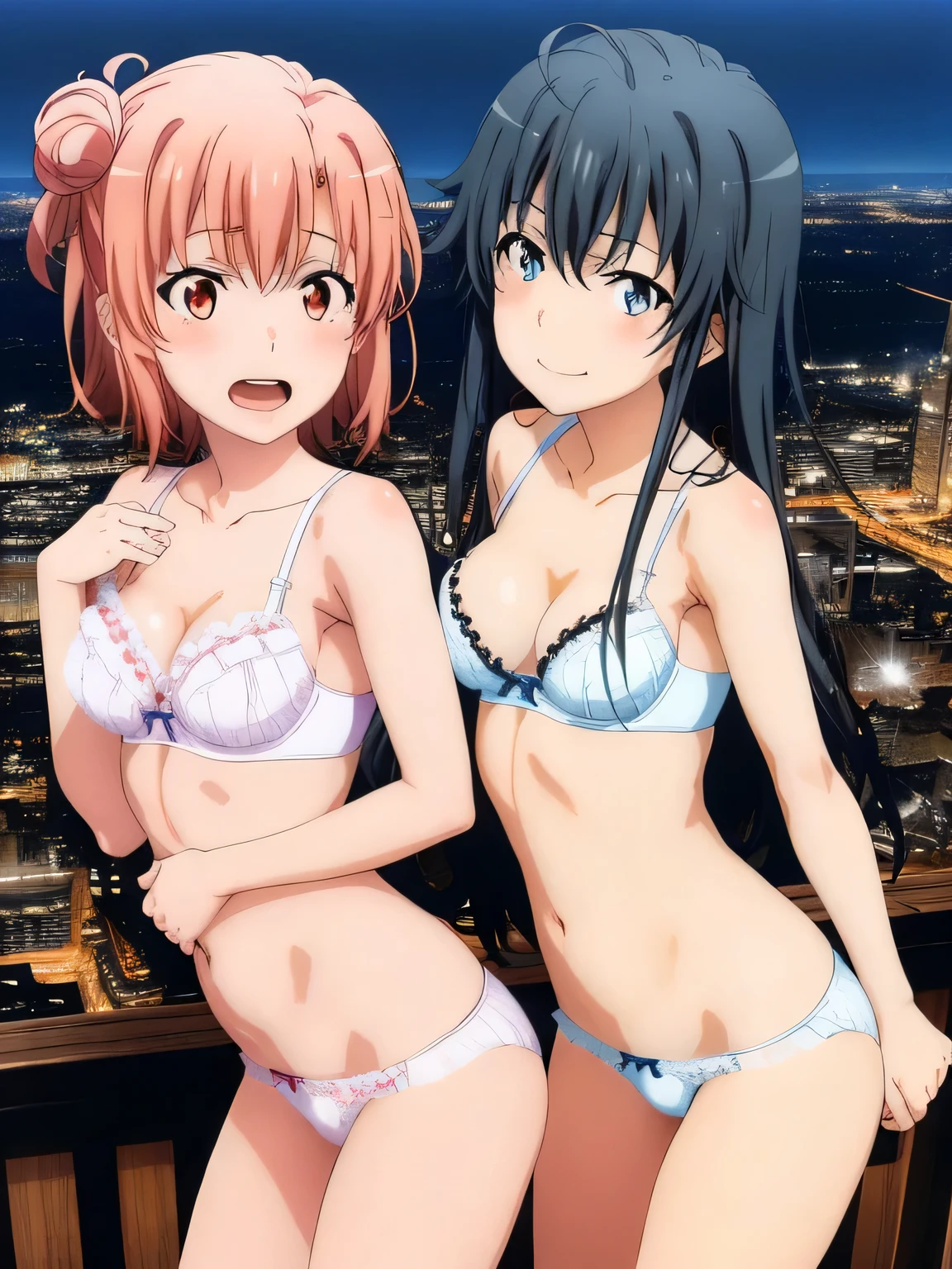 2 girls , Yukinoshita Yukino , yuigahama yui , waltz dance , 2 girls , Yukinoshita Yukino , Yuigahama Yui has a wonderful bust and hips............., Run, In underwear,pink good,belly button,side-string panties,white bra、butt lace panties,white panties,(pussy line:1.0),urethra,NSFW,thighs,butt,look at the camera,shy,Troubled smile,lowered eyebrows,open your mouth,blush,high angle,beautiful eyes ,in the city at night
