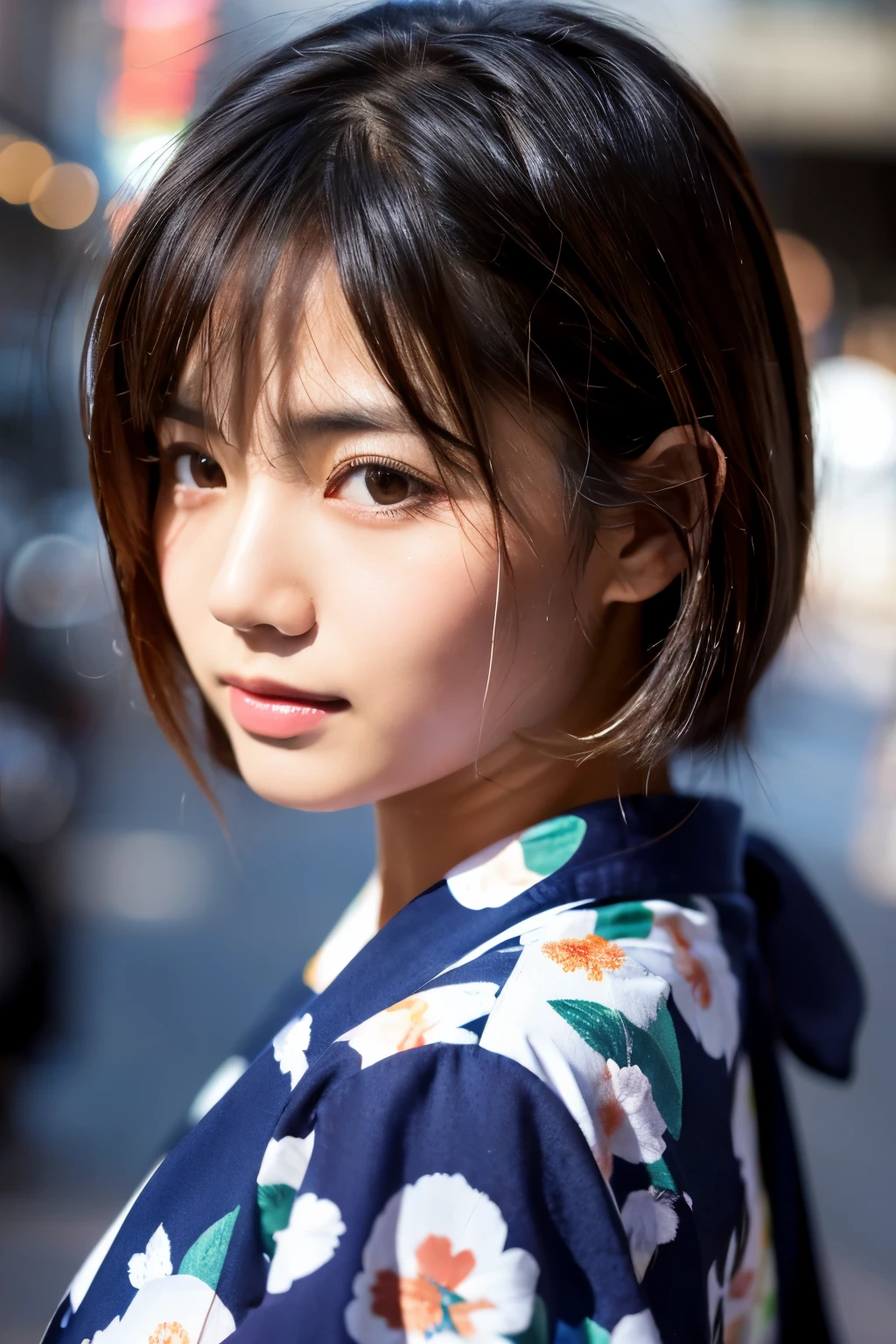 Beautiful Japanese supermodel woman, A lock of hair with slight highlights, black eyes, Sexy,street background,Gorgeous kimono , Liquid color flows across her face, Shooting against the light,Perfect facial lighting,mixed media