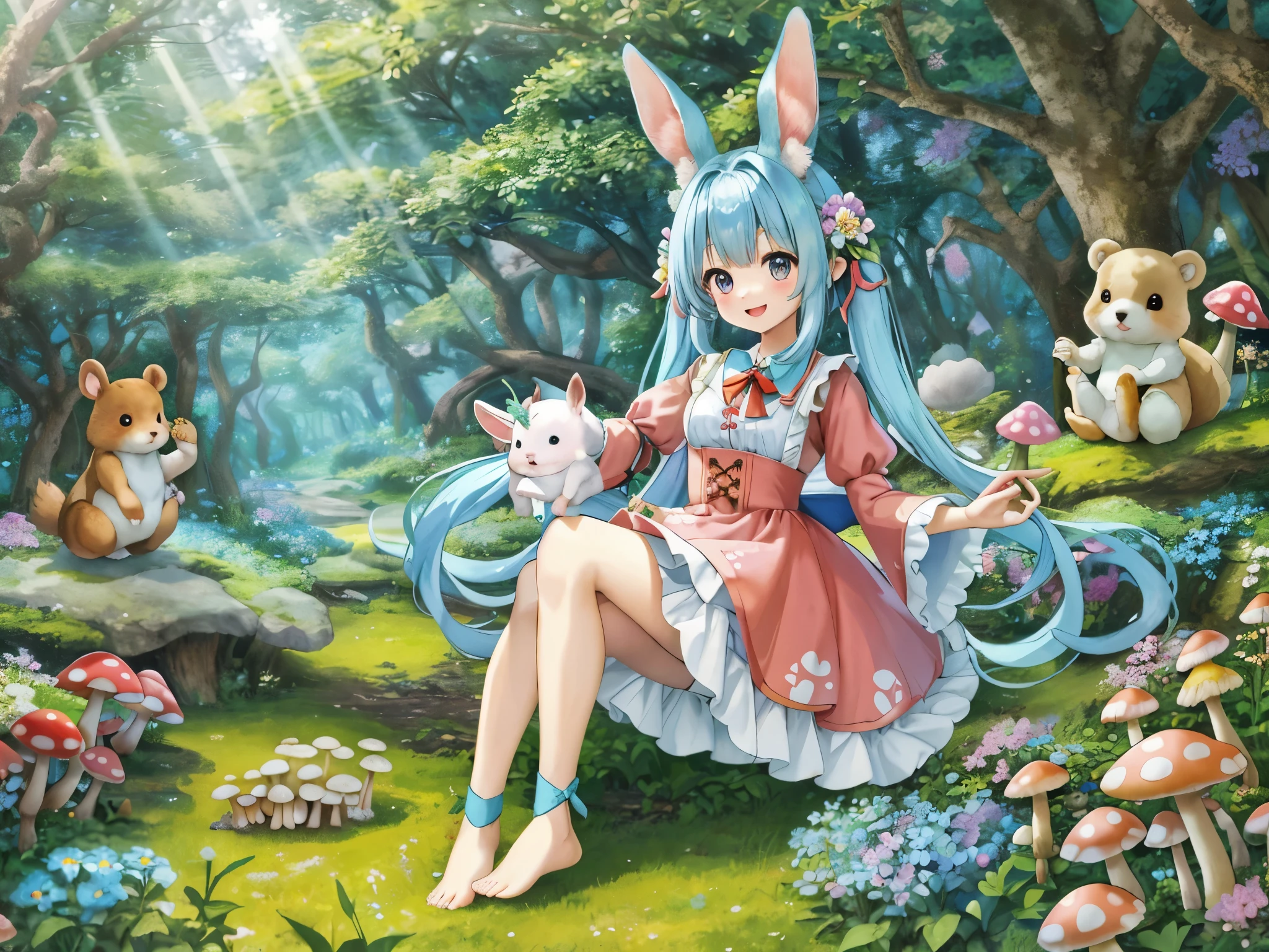 【best image quality】A fairyland full of flowers　light blue long hair、Cute girl with twin tails　Rabbitの耳　Dynamic mode　In a forest full of flowers　squirrel　Rabbit　I&#39;m with the bear cub　cute red and white dress　adorable smile　in the forest　forest creatures　Rabbitちゃん　Subbear　squirrel　There are friends in the forest。　There are also mushrooms。Eared rabbit　barefoot　cute costumes　