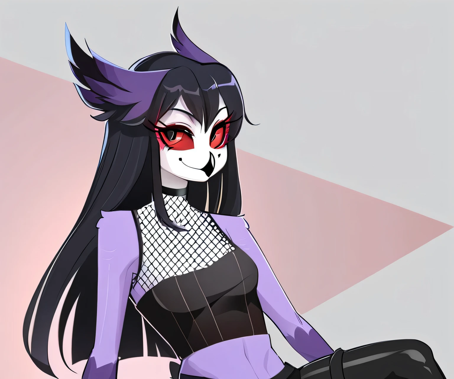 owl, owl girl, avian, black hair, purple feathers, purple fur, red eyes, long lashes, smiling, red sclera, fishnets, black feather tail, beak, black clothes, white face
