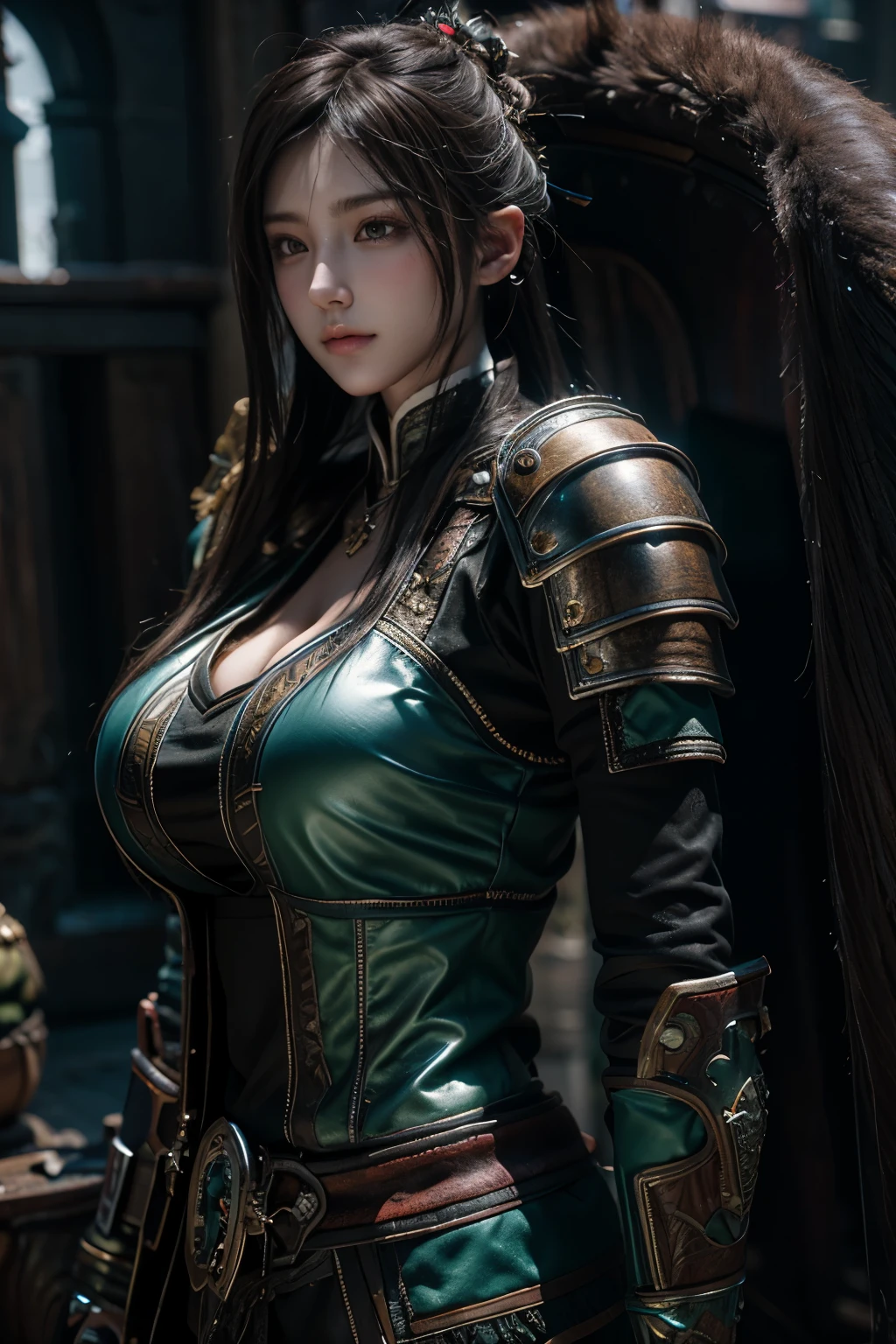 Game art，The best picture quality，Highest resolution，8K，(A bust photograph)，(Portrait)，(Head close-up)，(Rule of thirds)，Unreal Engine 5 rendering works， (The Girl of the Future)，(Female Warrior)， 
20-year-old girl，((Hunter))，An eye rich in detail，(Big breasts)，Elegant and noble，indifferent，brave，
（Medieval-style fur combat clothing，Glowing magic lines，Animal skin clothing with rich details），Medieval Lady Knight，Medieval ranger，
photo poses，simple background，Movie lights，Ray tracing，Game CG，((3D Unreal Engine))，OC rendering reflection pattern