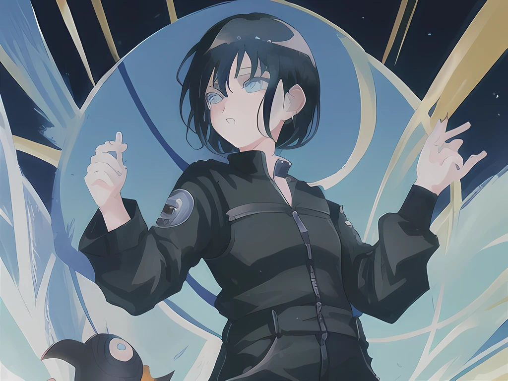 ANIME NARUTO GIRL, black short hair ,blue star eyes ,black jumpsuit 