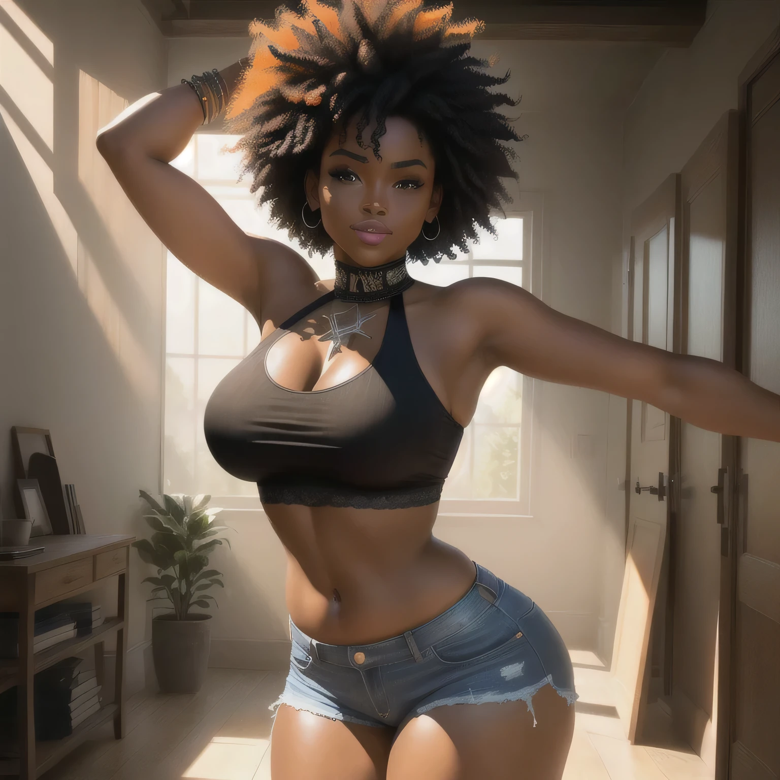 photo realist, beste-Qualit, A curvy dark-skinned black woman with a big but wearing a detailed orange halter top with very short denim shorts bent over dancing , Asymmetrical afro haircut, ventre, sourire, bosseler, Ultra crazy dedications, extreme intricate details, Bumpy gap, cul autour de HDR, natural light, volumetric shading, pose dynamique, hyper-realistic, realistic lighting, ombres dramatiques, Mise au point rigide, high contrast, ombres dramatiques de perspective dramatique,