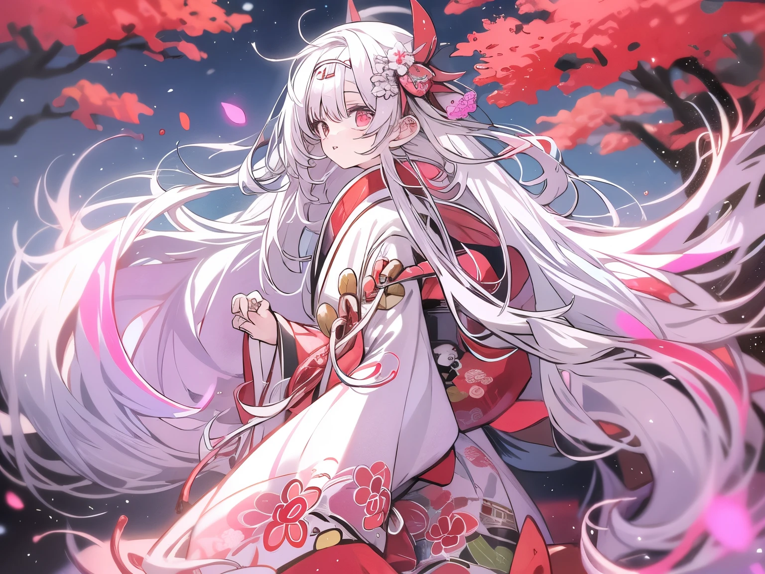 white hair girl、long white hair、Japanese style hair ornament、Furisode with very long sleeves and a colorful and gorgeous design、red obi、front、Horizontal position、Precincts of a shrine in the forest、It&#39;s night but the bright red sky、Many red lanterns 、The wind is blowing strongly and flowers are dancing in the sky、