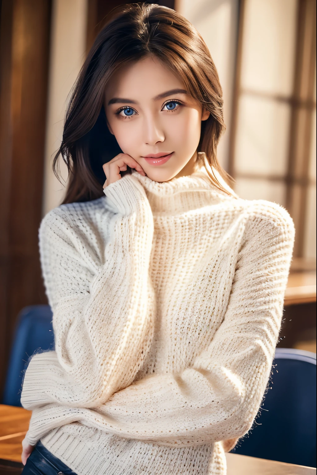 (table top:1.3, Photoreal:1.4, 8K), highest quality, masterpiece, 超A high resolution, perfect dynamic composition, Highly detailed skin and facial textures:1.3, detailed eye, Detail of limbs, cold winter, 1 girl, Cute sexy slim woman in her 20s, Fair skin, (A high neck sweater made of white long sleeve mohair knit that covers the neck., No skin exposed), short boots, (beautiful blue eyes, Eyes that feel beautiful eros:0.85), sexy face:0.4, (A taste that gives you a beautiful sense of eroticism:0.85), ((Too cute beauty:0.9))、standing facing the front