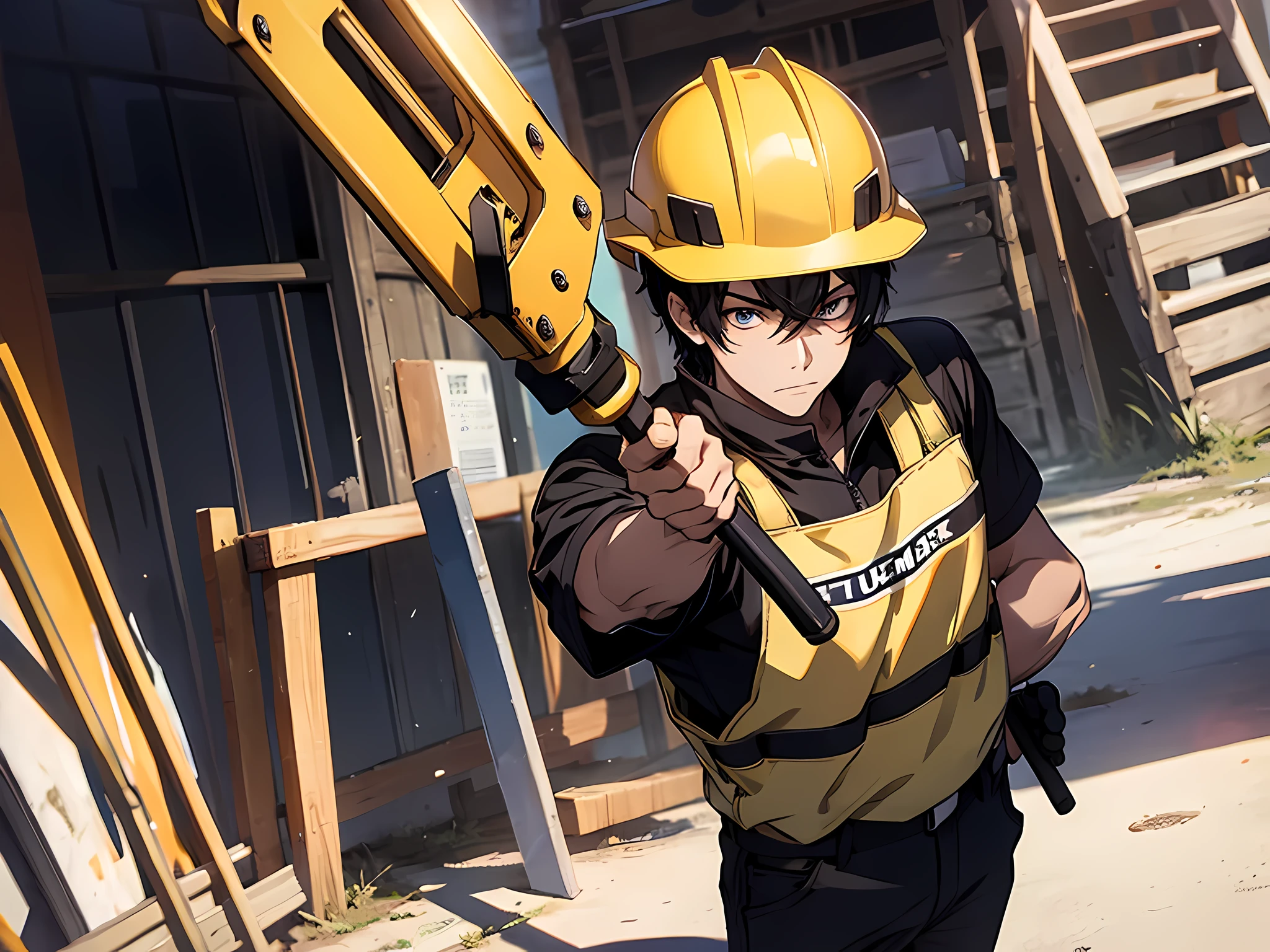 1 man, black hair, short hair, construction worker outfit, yellow helmet, holding a shovel on his right hand, sad facial expression, tided, face to detail, detailed eyes, perfect hands, standing, the background is construction area, half-body illustration