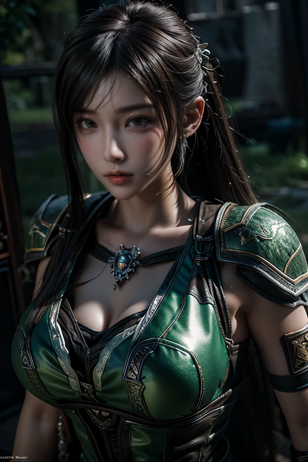 Game art，The best picture quality，Highest resolution，8K，(A bust photograph)，(Portrait)，(Head close-up)，(Rule of thirds)，Unreal Engine 5 rendering works， (The Girl of the Future)，(Female Warrior)， 
20-year-old girl，((Hunter))，An eye rich in detail，(Big breasts)，Elegant and noble，indifferent，brave，
（Medieval-style fur combat clothing，Glowing magic lines，Animal skin clothing with rich details），Medieval Lady Knight，Medieval ranger，
photo poses，simple background，Movie lights，Ray tracing，Game CG，((3D Unreal Engine))，OC rendering reflection pattern