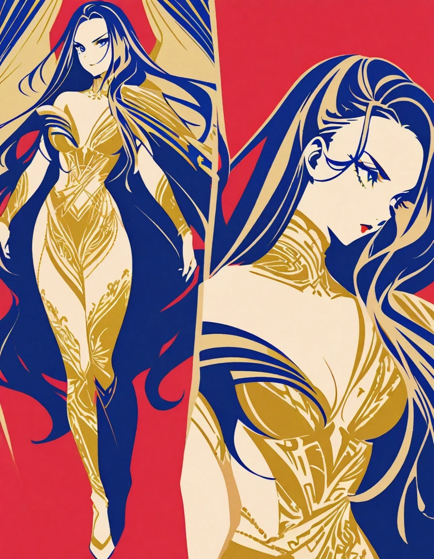 Illustration of a fashionable female warrior with exaggerated poses, Royal blue and gold fabric, Contrasting long hair, minimalist art, Pure Klein red background, line art, Supremacist style