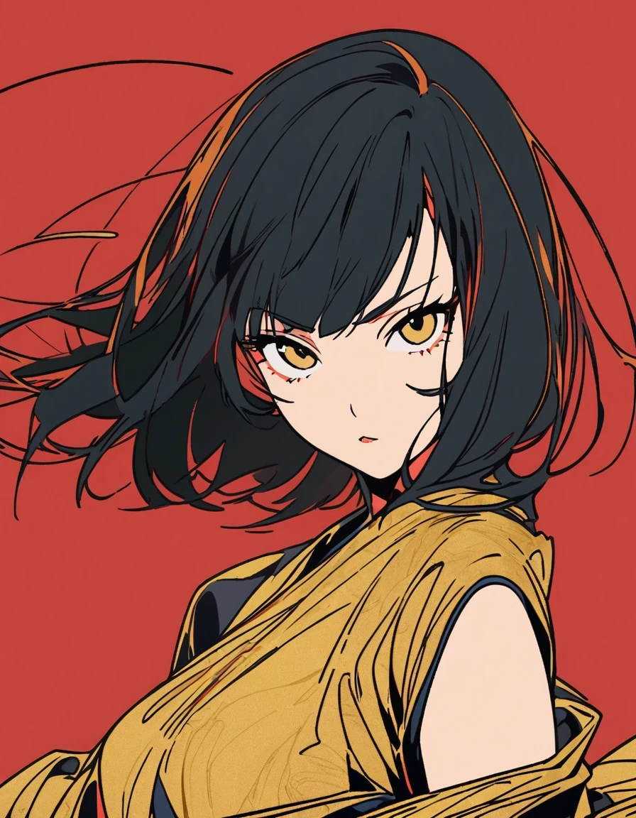  Illustration of a fashionable female warrior with exaggerated poses, Royal blue and gold fabric, Contrasting long black hair, minimalist art, Pure Klein red background, line art, Yayoi Kusama, Supremacist style 