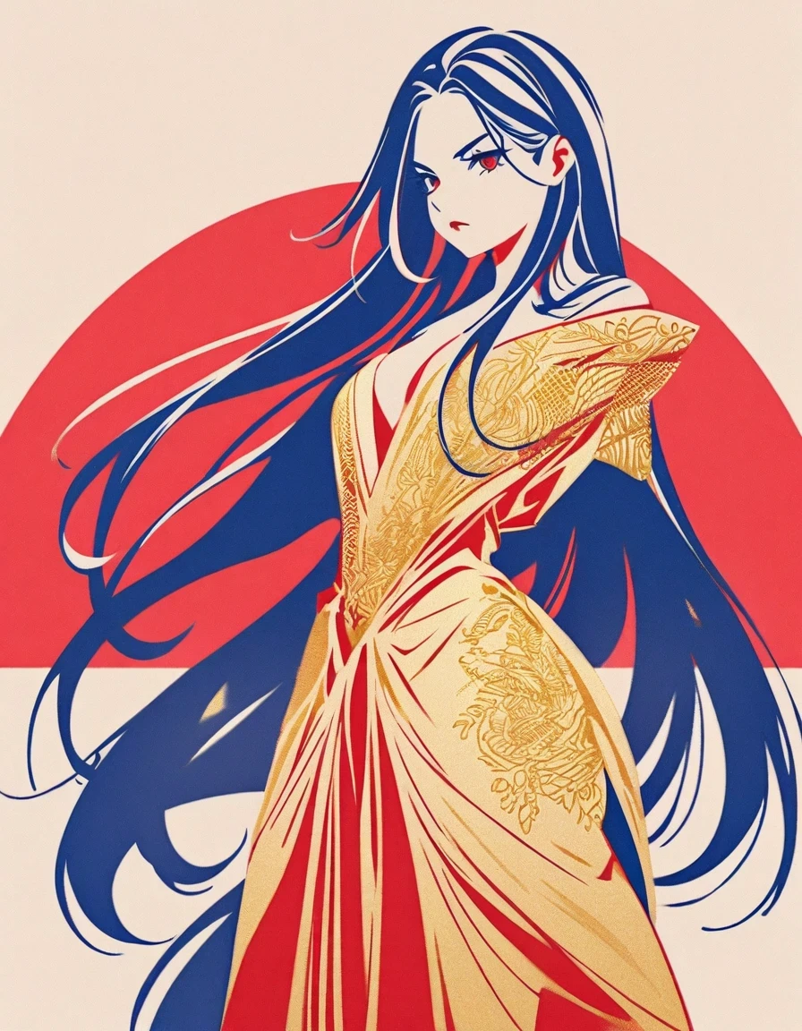  Illustration of a fashionable female warrior with exaggerated poses, Royal blue and gold fabric, Contrasting long hair, minimalist art, Pure Klein red background, line art,  Supremacist style 