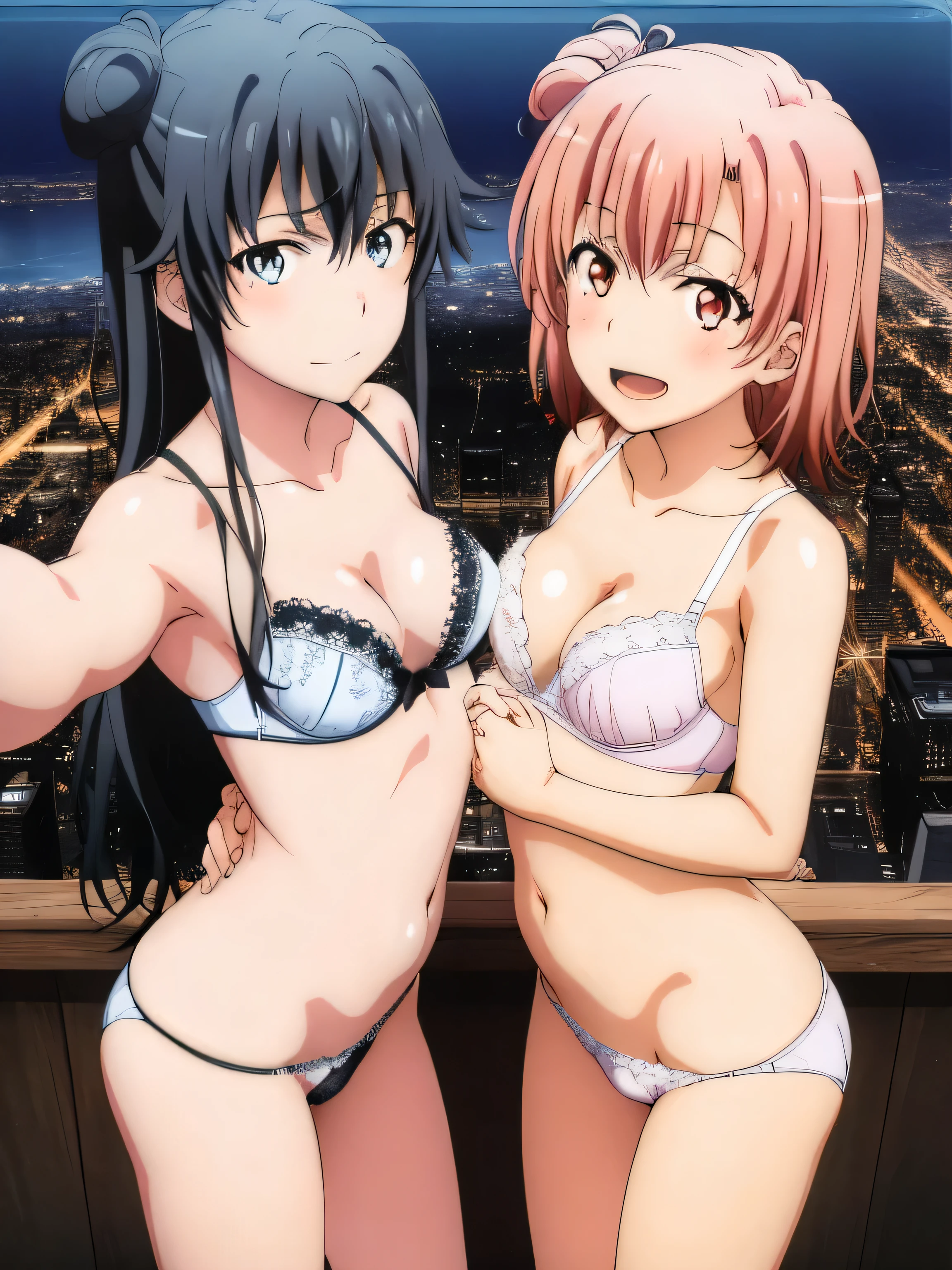 2 girls , Yukinoshita Yukino , yuigahama yui , waltz dance , 2 girls , Yukinoshita Yukino , Yuigahama Yui has a wonderful bust and hips............., Run, In underwear,pink good,belly button,side-string panties,white bra、butt lace panties,white panties,(pussy line:1.0),urethra,NSFW,thighs,butt,look at the camera,shy,Troubled smile,lowered eyebrows,open your mouth,blush,high angle,beautiful eyes ,in the city at night