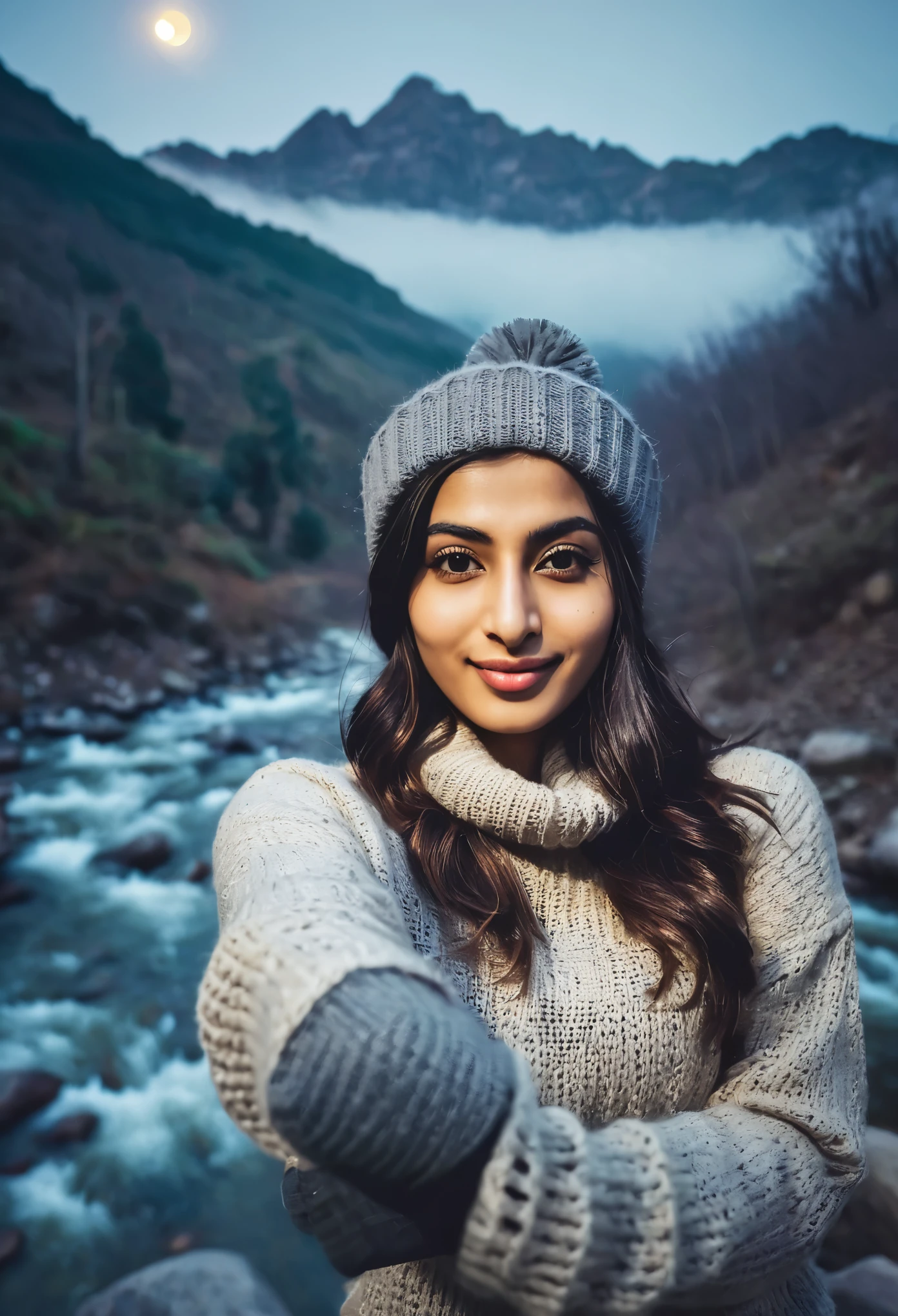 photograph, photo of beautiful Pakistani woman, selfie, upper body, solo, wearing pullover, outdoors, (night), mountains, real life nature, stars, moon, cheerful, happy, gloves, sweater, beanie, forest, rocks, river, wood, smoke, fog, looking at viewer, skin texture, photo grain, close up, RAW photo