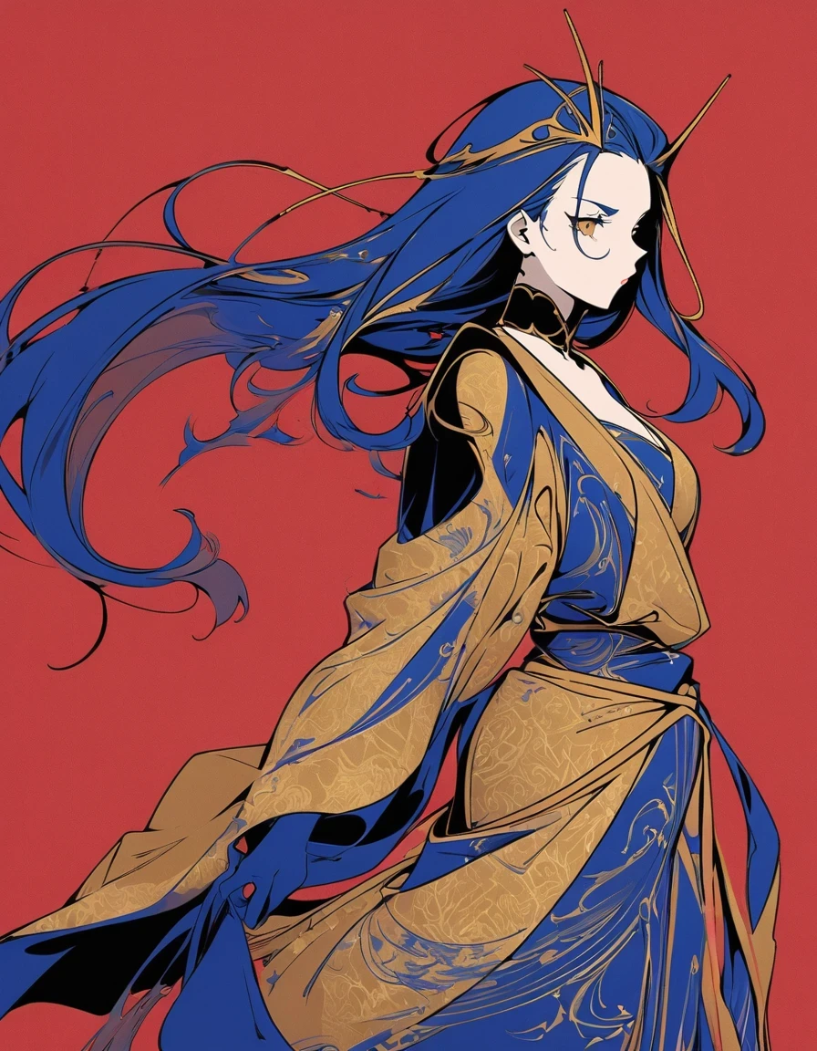  Illustration of a fashionable female warrior with exaggerated poses, Royal blue and gold fabric, Contrasting long hair, minimalist art, Pure Klein red background, line art, ink 。ink， Supremacist style 