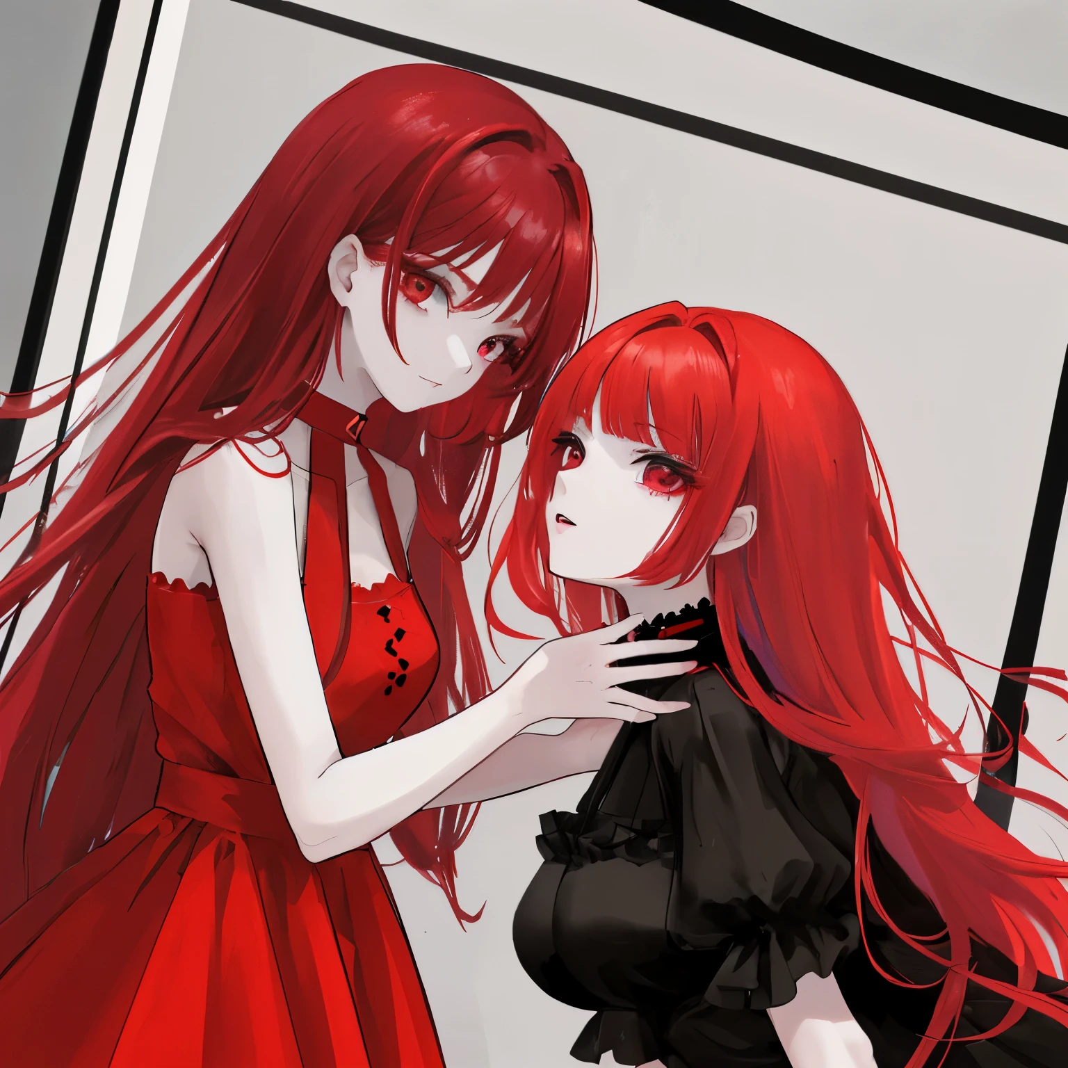 Two red-haired girls , vestidos negros y maquillaje negro