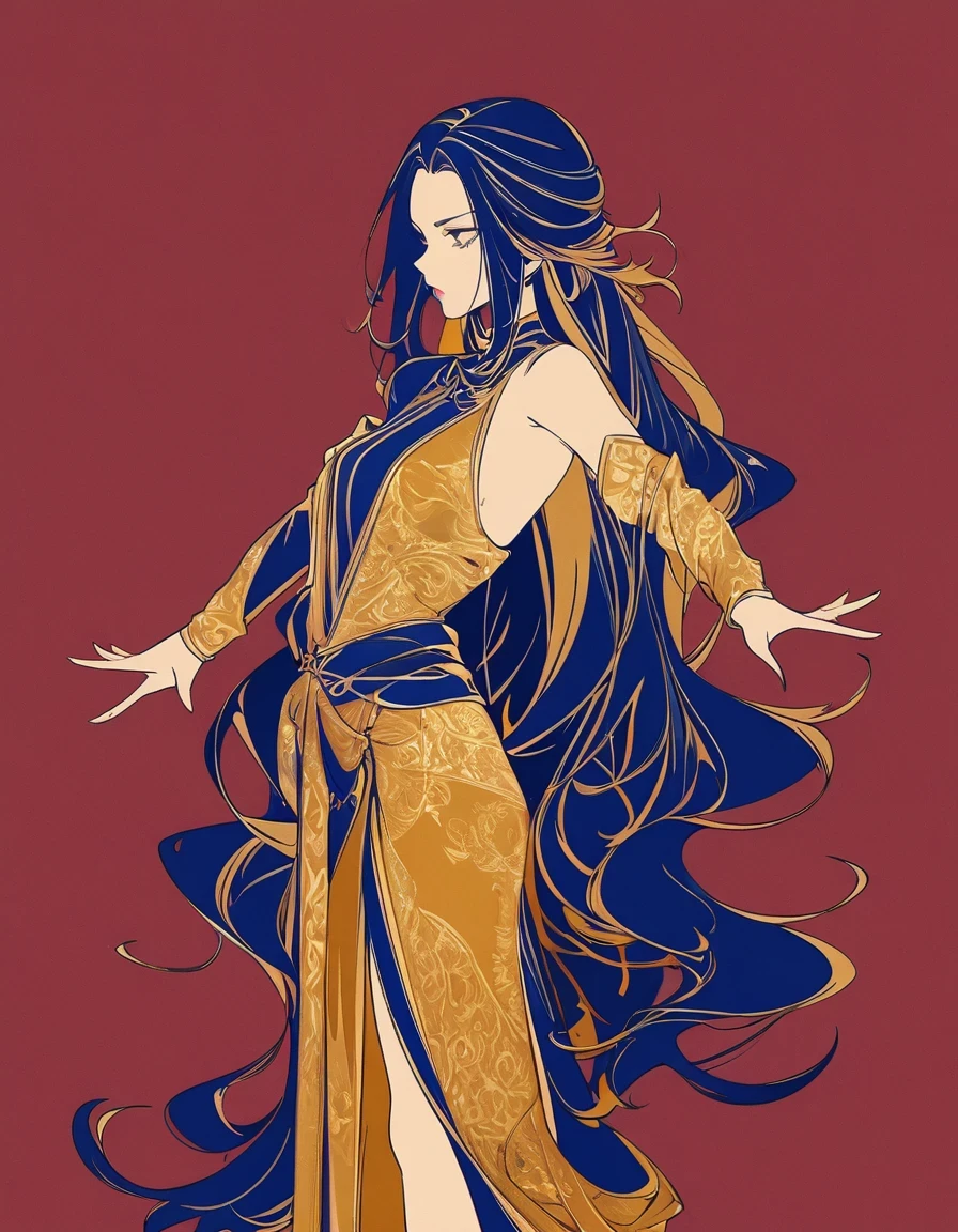 Illustration of a fashionable female warrior with exaggerated poses, Royal blue and gold fabric, Contrasting long hair, minimalist art, Pure Klein red background, line art, ink 。ink, Supremacist style