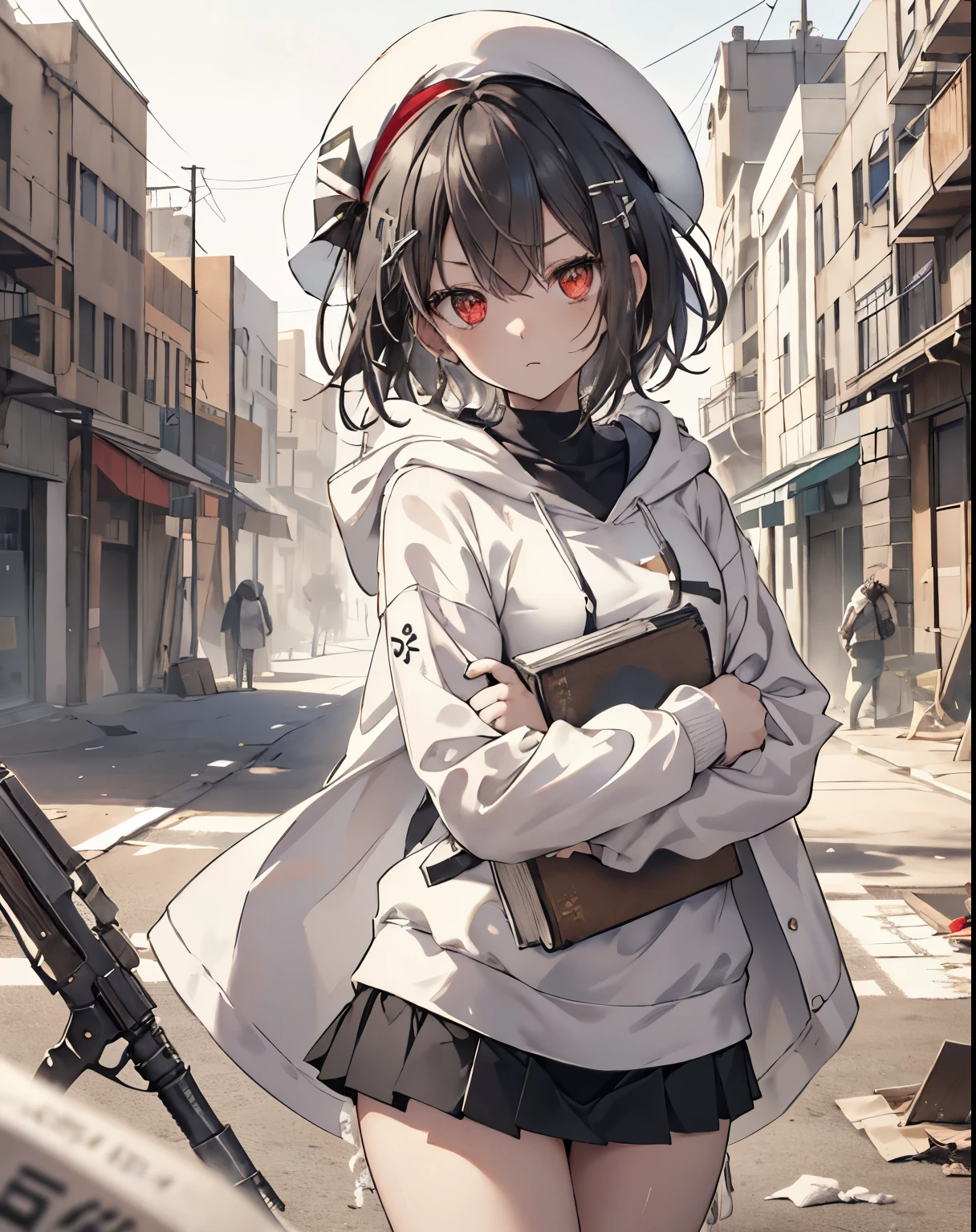 sparrow, a black haired girl, wearing a white hoody, short hair, messy hair, white hoody, slim body, she hug a book, small breasts, she close her left eye, shirt ornament, white beret, angry expression, red eyes, miniskirt