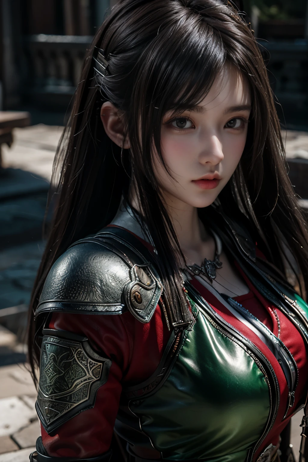 Game art，The best picture quality，Highest resolution，8K，(A bust photograph)，(Portrait)，(Head close-up)，(Rule of thirds)，Unreal Engine 5 rendering works， (The Girl of the Future)，(Female Warrior)， 
20-year-old girl，((Hunter))，An eye rich in detail，(Big breasts)，Elegant and noble，indifferent，brave，
（Medieval-style fur combat clothing，Glowing magic lines，Animal skin clothing with rich details,Red and white），Medieval Lady Knight，Medieval ranger，
photo poses，simple background，Movie lights，Ray tracing，Game CG，((3D Unreal Engine))，OC rendering reflection pattern