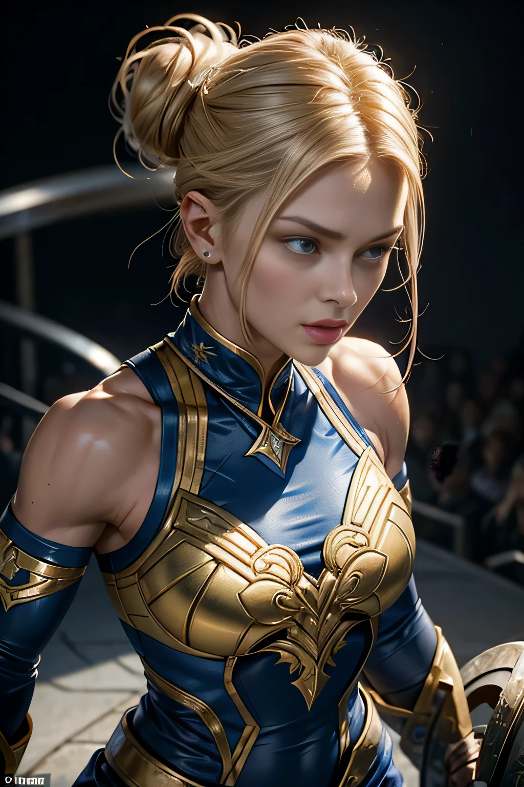 a high-stakes fight in the Mortal Kombat arena. Her toned muscles ripple under the surface of her skin, a testament to her rigorous training and combat readiness. Defined abs and glutes add to her athletic physique, showcasing her power and agility. Her sharp facial features, accentuated by the contrasting lighting, include her angular jawline, prominent cheekbones, and piercing blue eyes. Her blonde hair, pulled back into a tight bun, shines under the cinematic lighting, the strands delicate and sleek.
Sonya's combat outfit is an intricate masterpiece, detailed in patterns and accessories that accentuate her