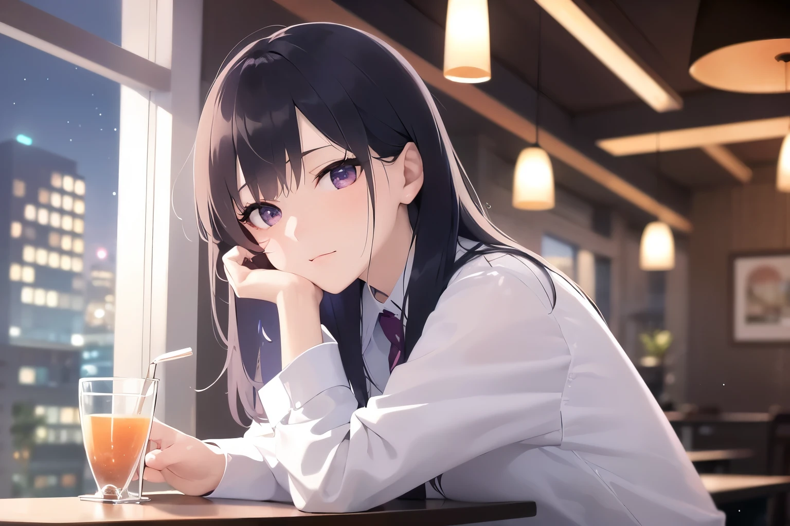 Upper Body, Realistic, real person, (pale skin: 1.2), RAW photo, photorealistic, portrait photography, shiny skin, japanese idol、shiny hair、(25 year old woman with straight medium hair with bangs) and (black hair) and (purple eyes) , Office Lady、(white collared shirt) and (long sleeve) 、Bad mood, The background is the interior of a restaurant at night.、Alone、sitting、