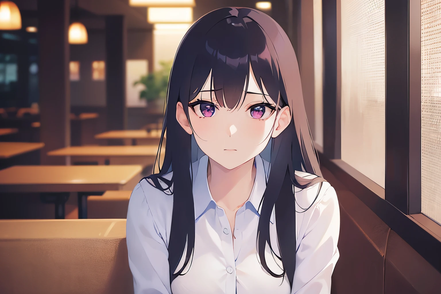 Upper Body, Realistic, real person, (pale skin: 1.2), RAW photo, photorealistic, portrait photography, shiny skin, japanese idol、shiny hair、(25 year old woman with straight medium hair with bangs) and (black hair) and (purple eyes) , Office Lady、(white collared shirt) and (long sleeve) 、Bad mood, The background is the interior of a restaurant at night.、Alone、sitting、