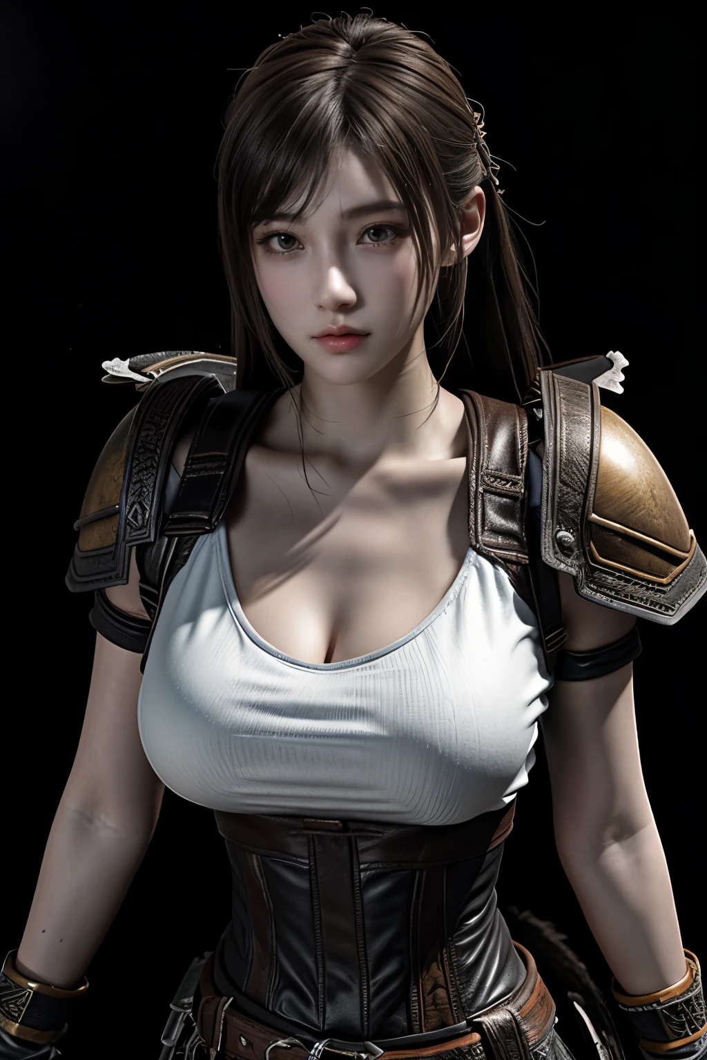 Game art，The best picture quality，Highest resolution，8K，(A bust photograph)，(Portrait)，(Head close-up)，(Rule of thirds)，Unreal Engine 5 rendering works， (The Girl of the Future)，(Female Warrior)， 
20-year-old girl，((Hunter))，An eye rich in detail，(Big breasts)，Elegant and noble，indifferent，brave，
（Medieval-style fur combat clothing，Glowing magic lines，Animal skin clothing with rich details,Red and white），Medieval Lady Knight，Medieval ranger，
photo poses，simple background，Movie lights，Ray tracing，Game CG，((3D Unreal Engine))，OC rendering reflection pattern