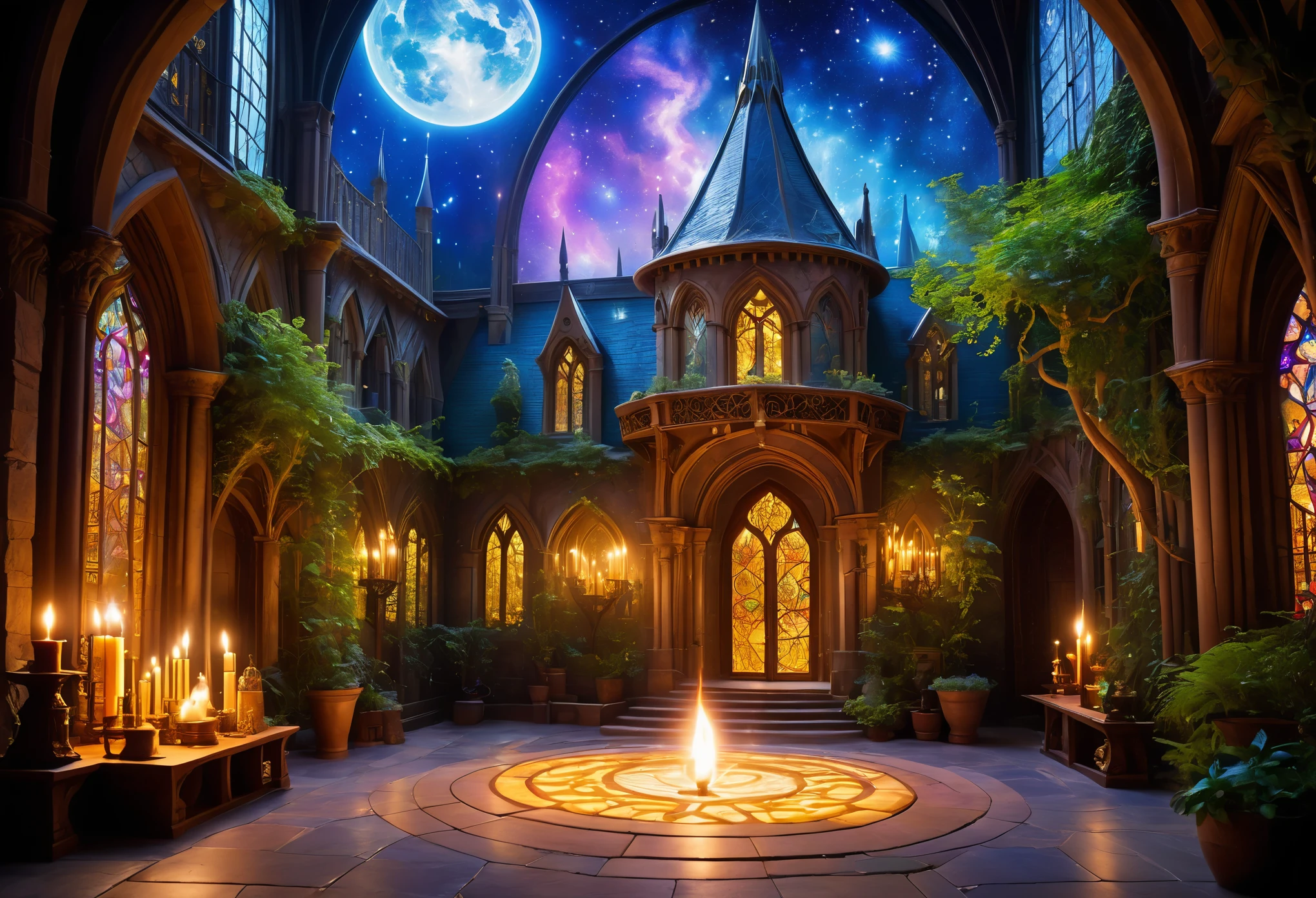A magic academy protected by powerful magic, (best quality,4K,8K,high resolution,masterpiece:1.2), Super detailed, (actual,photoactual,photo-actual:1.37), high dynamic range, ultra high definition, studio lighting, bright colors, mysterious atmosphere, ancient building, intricate carving, towering spire, charming garden, fascinating sculpture, sparkling fountain, Fascinating magical creatures, foggy, Students practice arcane arts, sparkling spell book, flickering candlelight, Charming stained glass windows, The walls are decorated with magic runes, The mysterious doorway to the secret room, Ethereal music echoes in the corridors, A spell duel in the large courtyard, Miraculous artifacts displayed in the Hall of Wonders, magic professor who teaches spells, The aroma of a potion brewed in an alchemical laboratory, constellations lighting up the night sky, Aura of fascination and discovery.