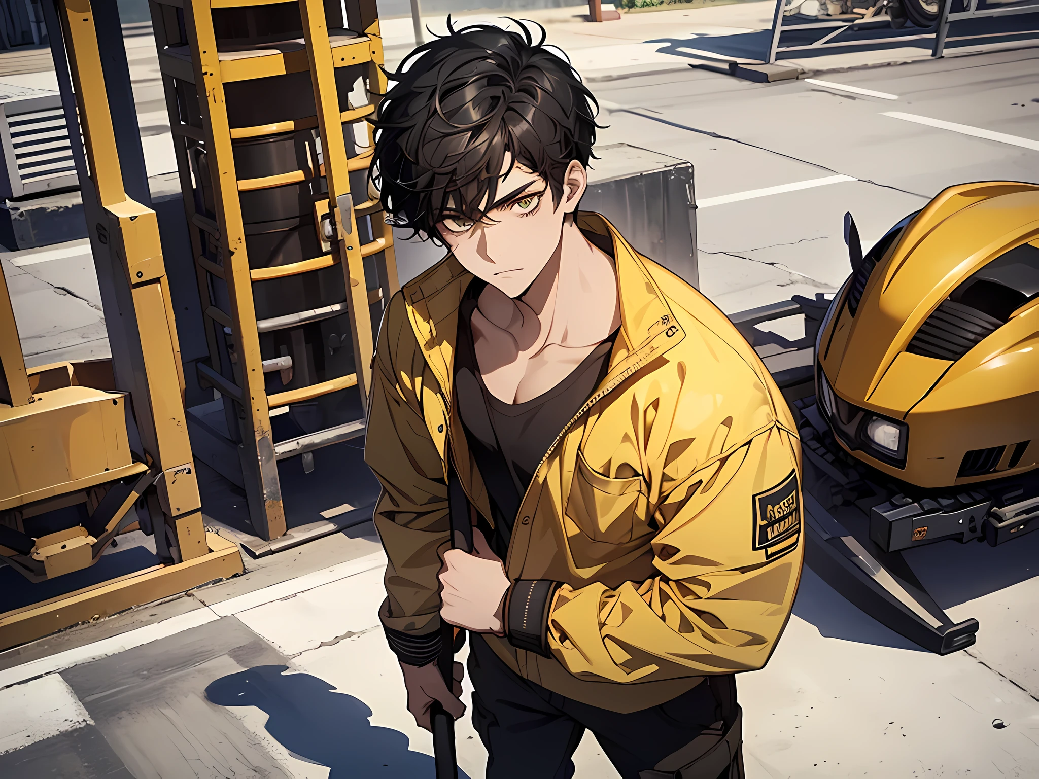 ****ung man, black hair, short hair, construction worker outfit, yellow helmet, holding a shovel on his right hand, sad facial expression, tired, face to detail, detailed eyes, perfect hands, standing, the background is construction area, half-body illustration, camera angle from front